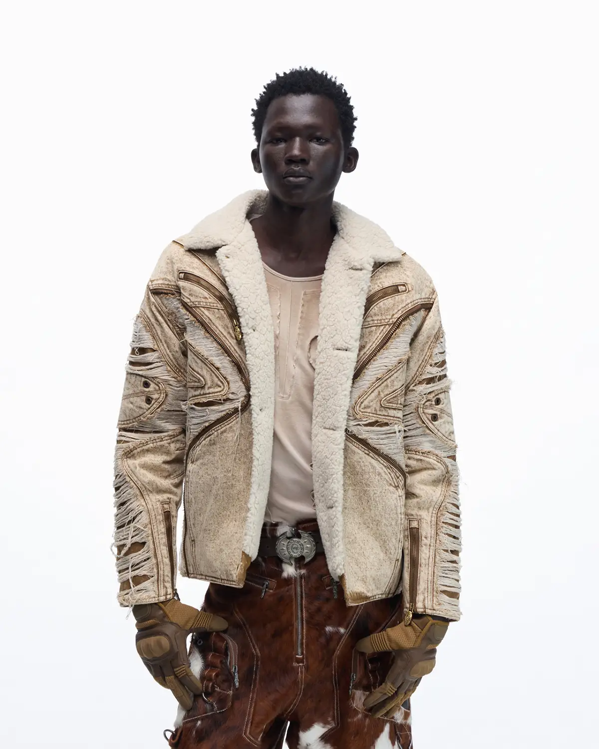 Personsoul Distressed Brown Denim Jacket with Faux-Fur Collar