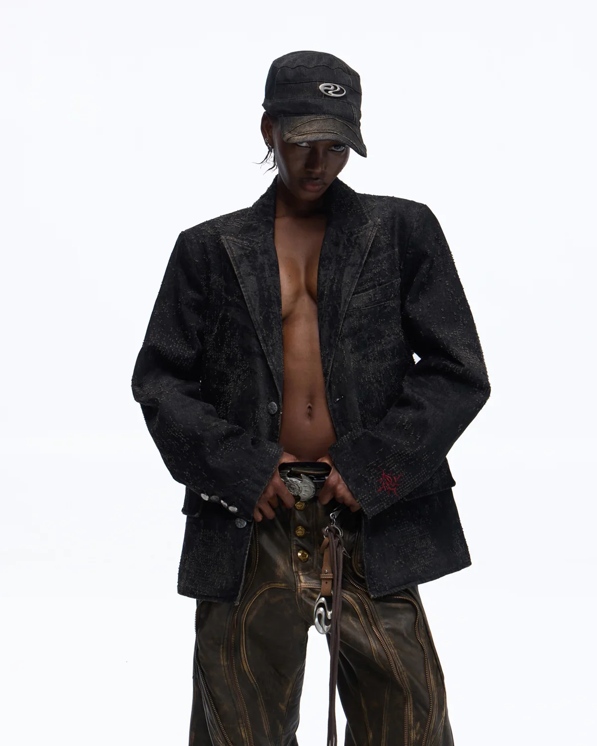 Personsoul Black Laser-Distressed Denim Blazer