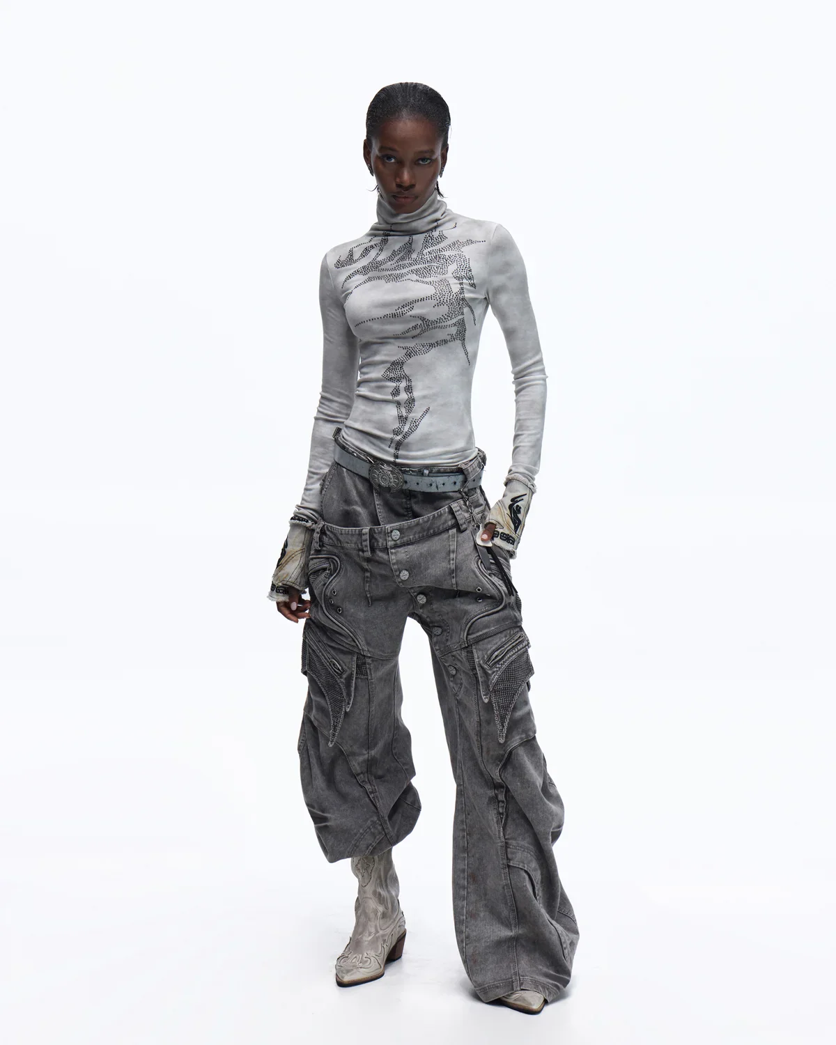 Personsoul Mock Double-Waist Wide-Leg Cargo Pants