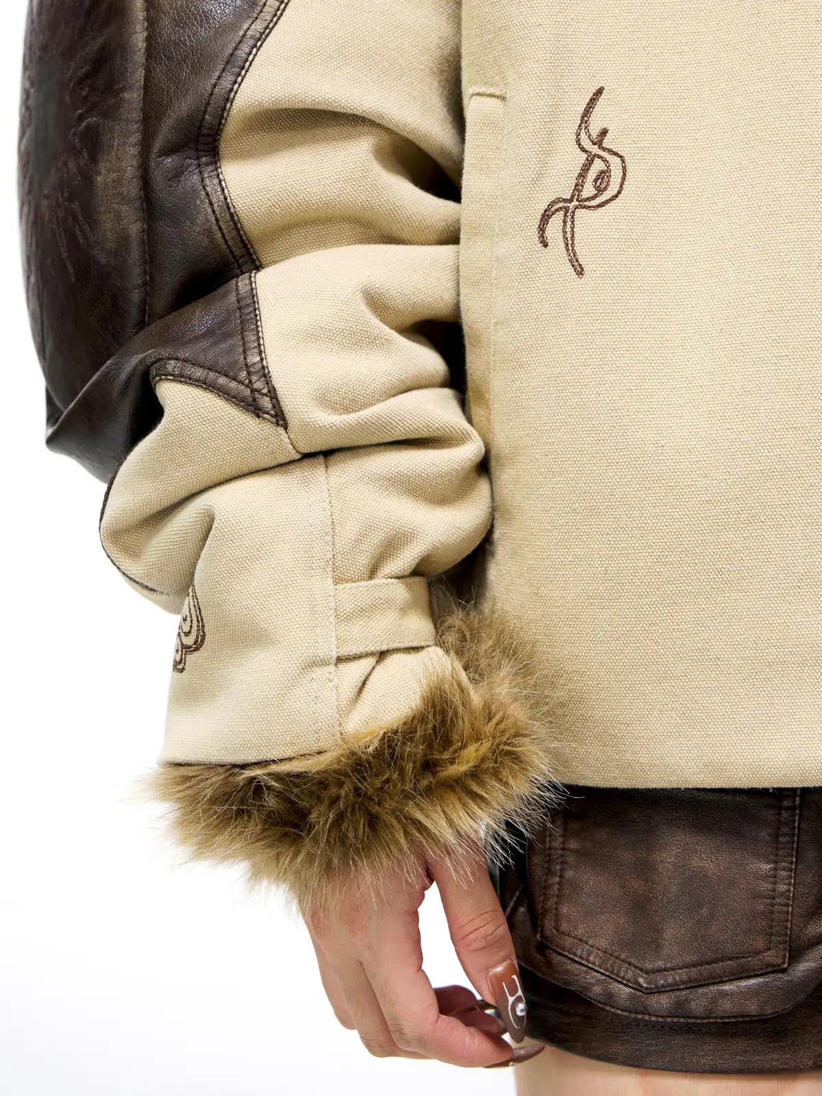 Personsoul Leather Patchwork Cotton Jacket