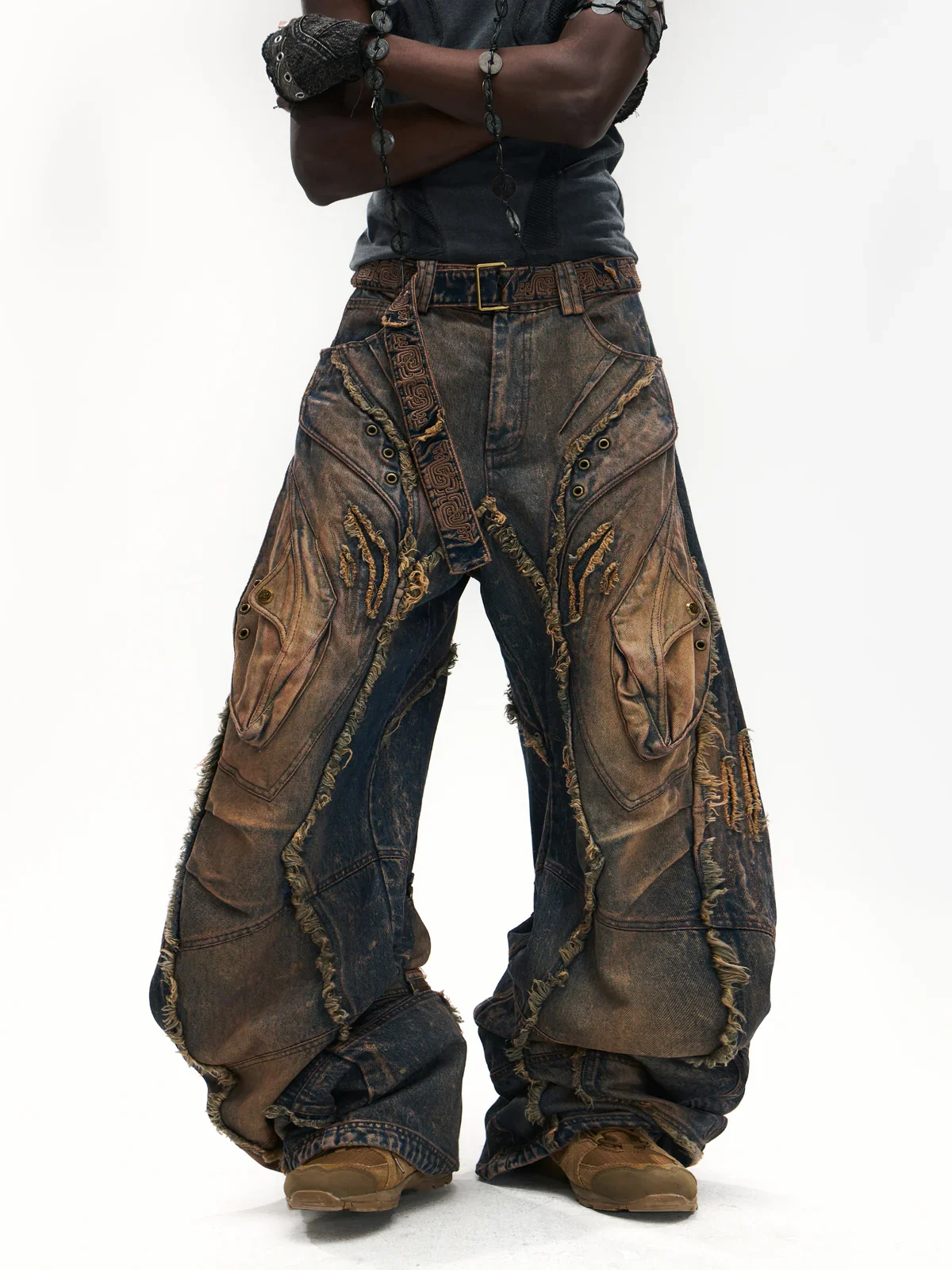 Vintage Wash Curved Leg Patchwork Jeans with Adjustable Length