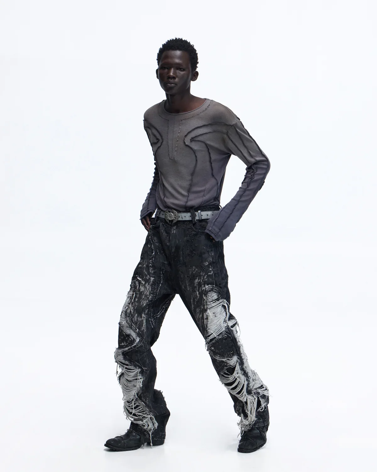 Personsoul Contrast Stitch Long Sleeve Top In Grey