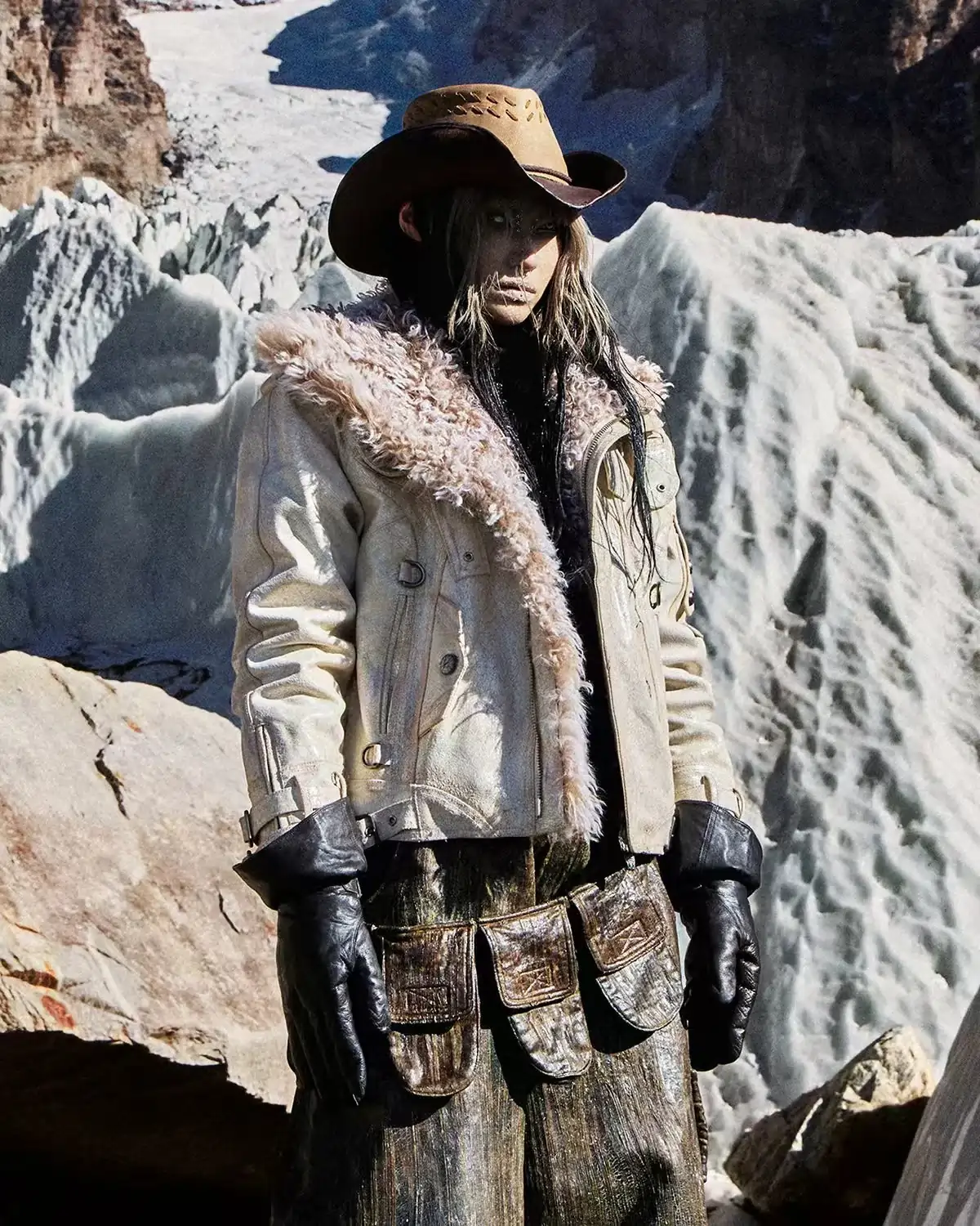 Personsoul Cracked Sheepskin and Mosner Wool Stand Collar Jacket(Limited  100 pieces)