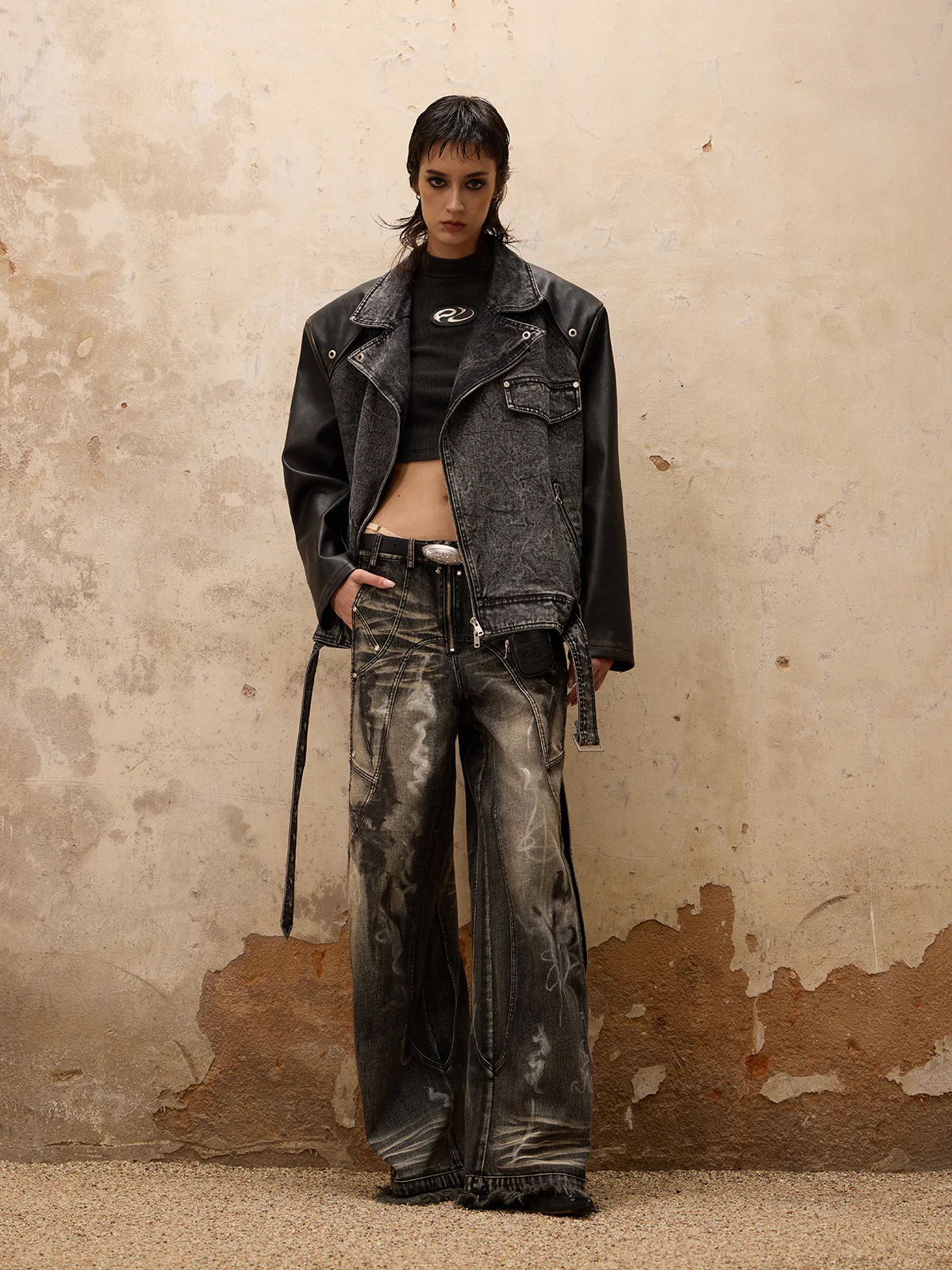 Personsoul Motorcycle Denim Leather Jacket