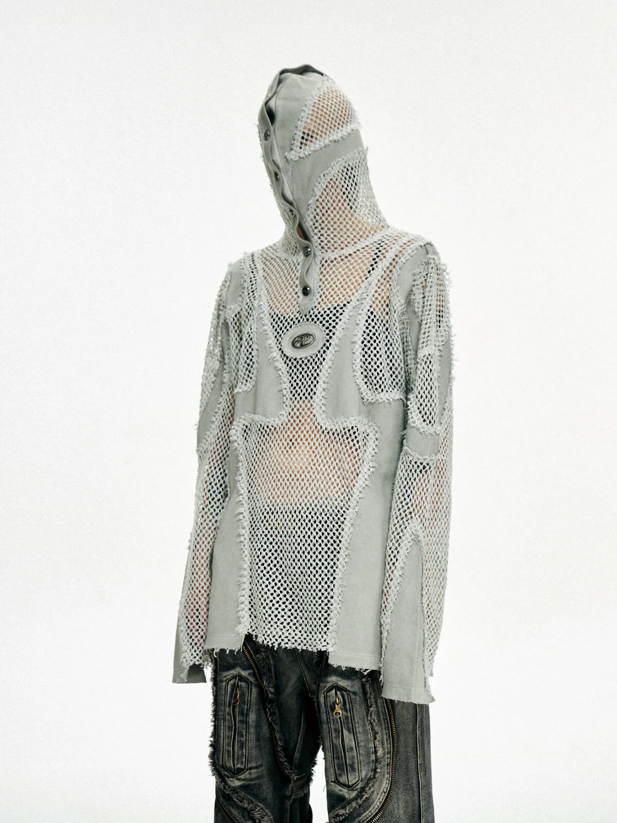 Personsoul Split Mesh Hooded Long Sleeves Top