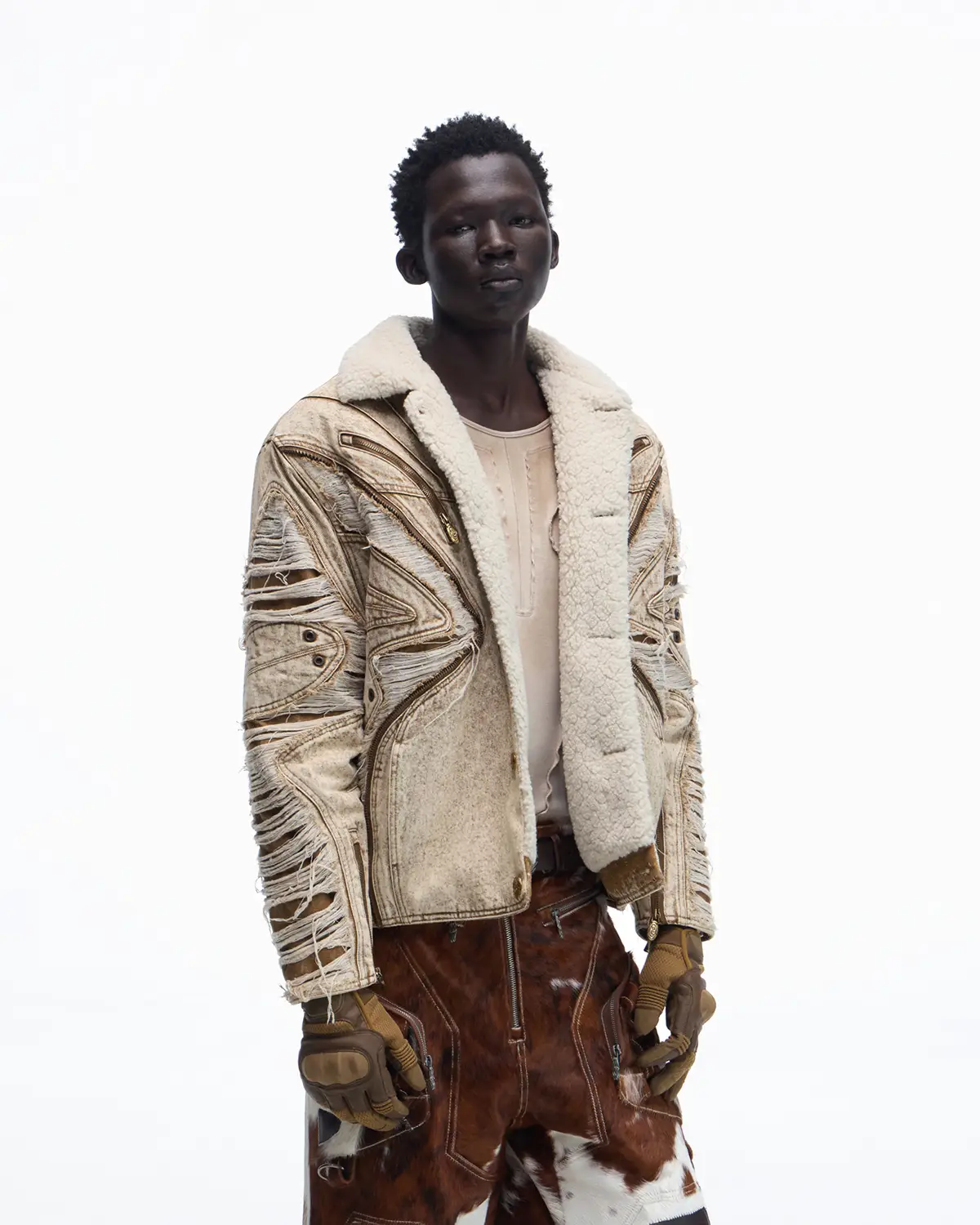 Personsoul Distressed Brown Denim Jacket with Faux-Fur Collar