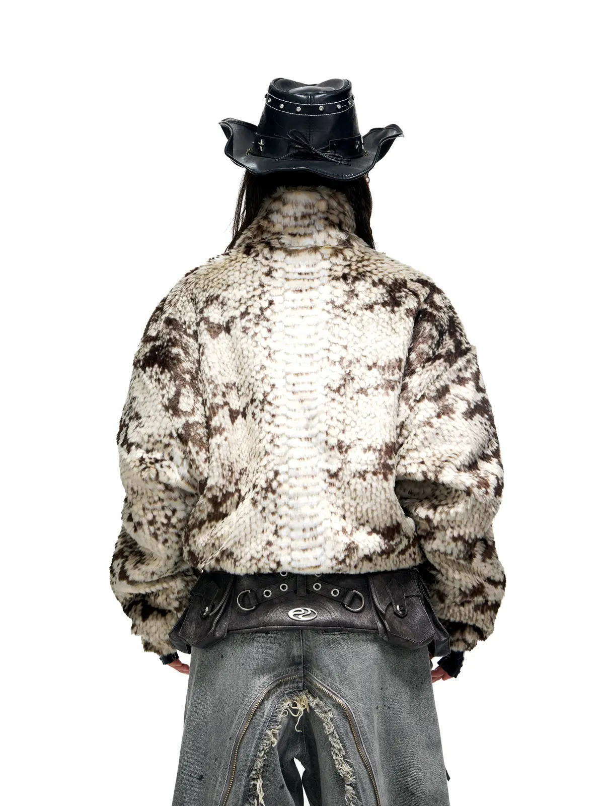 Personsoul Snake Print Faux Fur Jacket