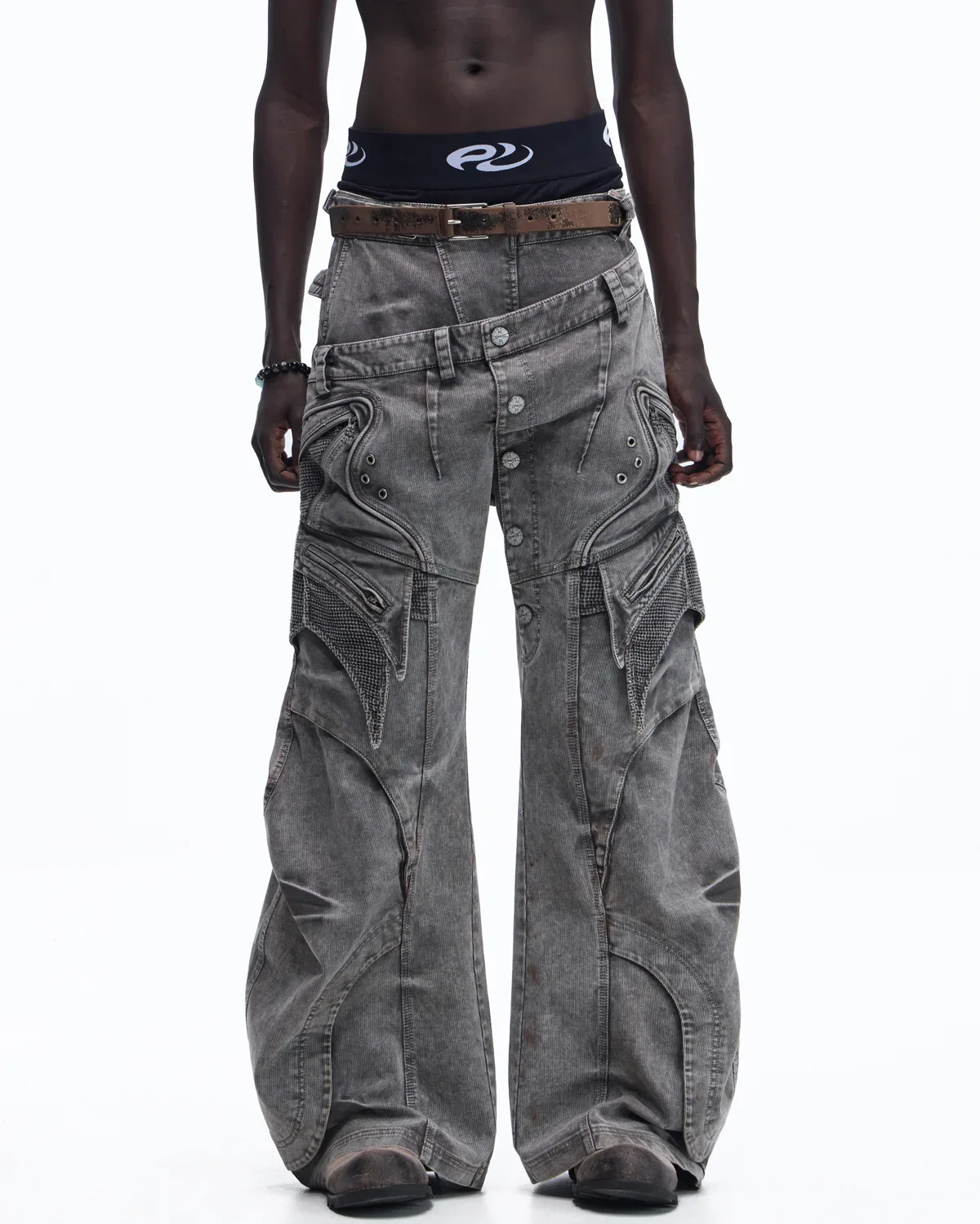 Personsoul Mock Double-Waist Wide-Leg Cargo Pants