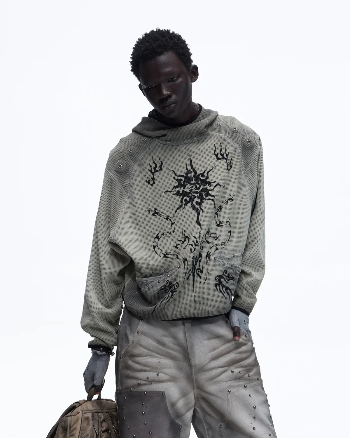 Personsoul Solar Totem Textured Plaid Hooded Sweatshirt