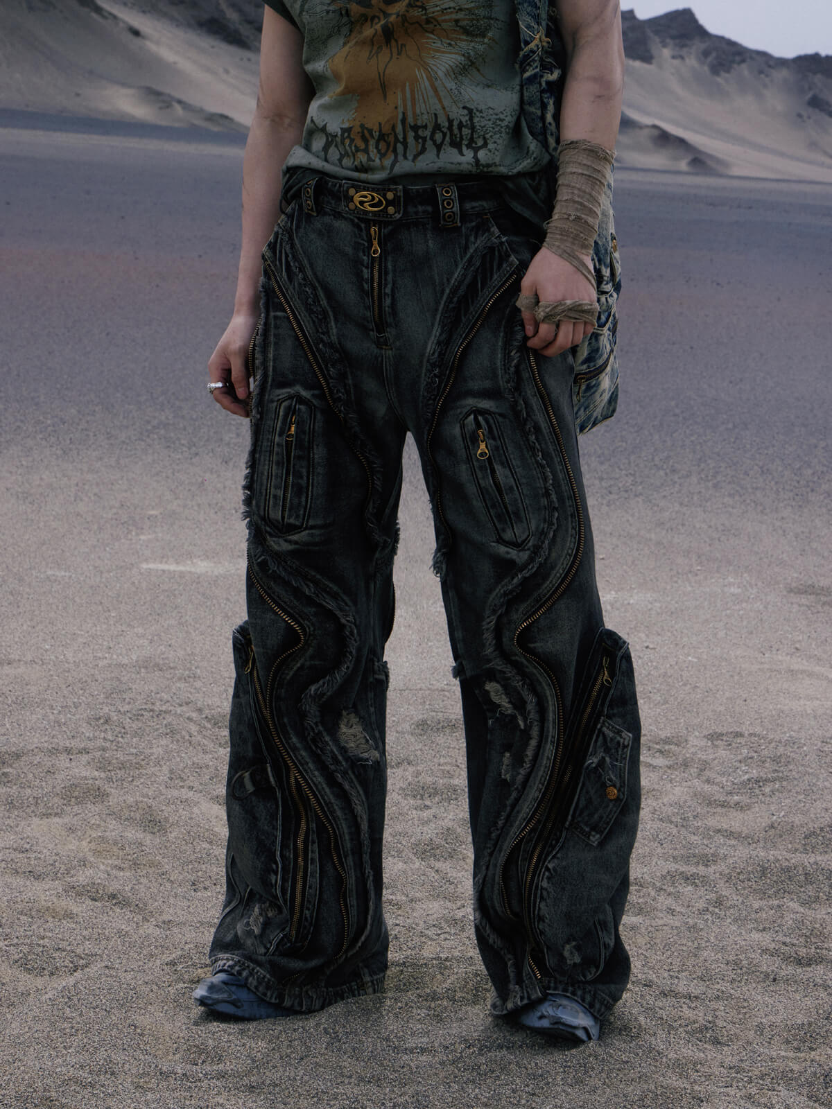 Personsoul Dirty Ripped Denim Baggy Jeans