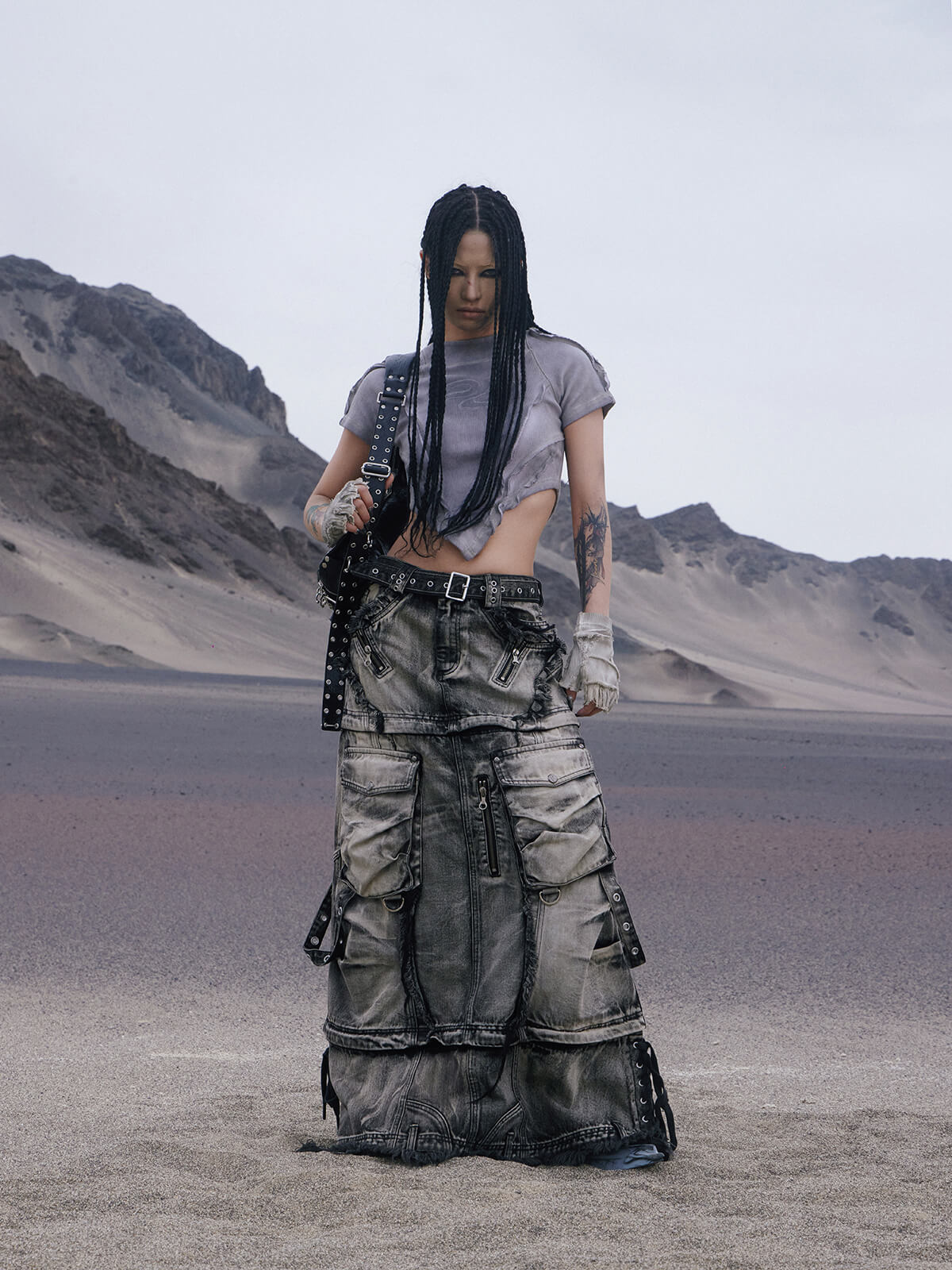 Personsoul Three-Stage Faded Maxi Denim Skirt(limited)