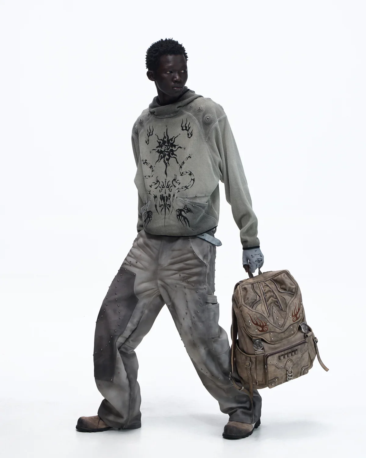 Personsoul Solar Totem Textured Plaid Hooded Sweatshirt