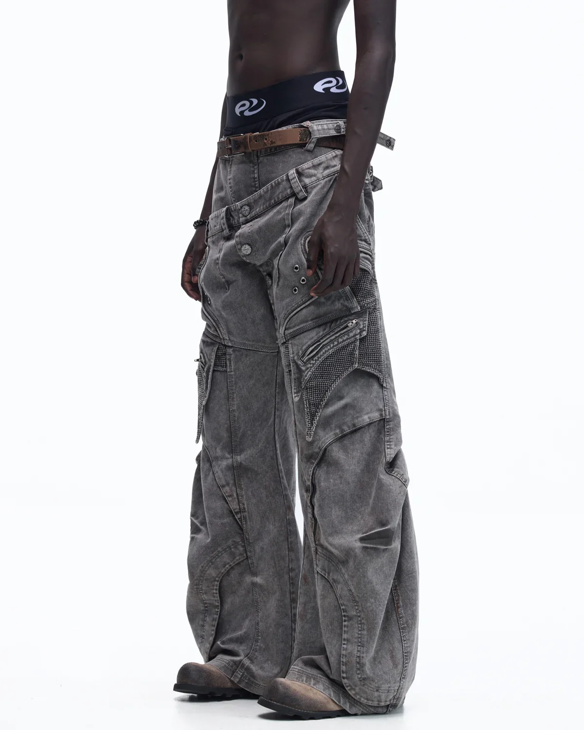Personsoul Mock Double-Waist Wide-Leg Cargo Pants