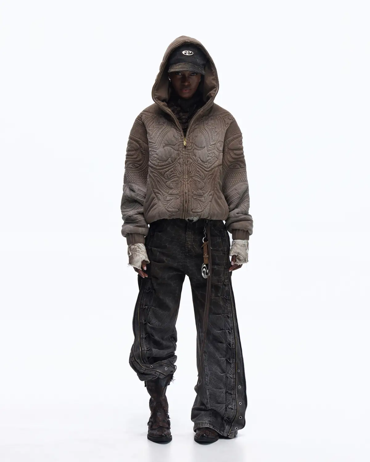 Personsoul Textured Full-Zip Hoodie with Chinese Motif Embroidery In Brown