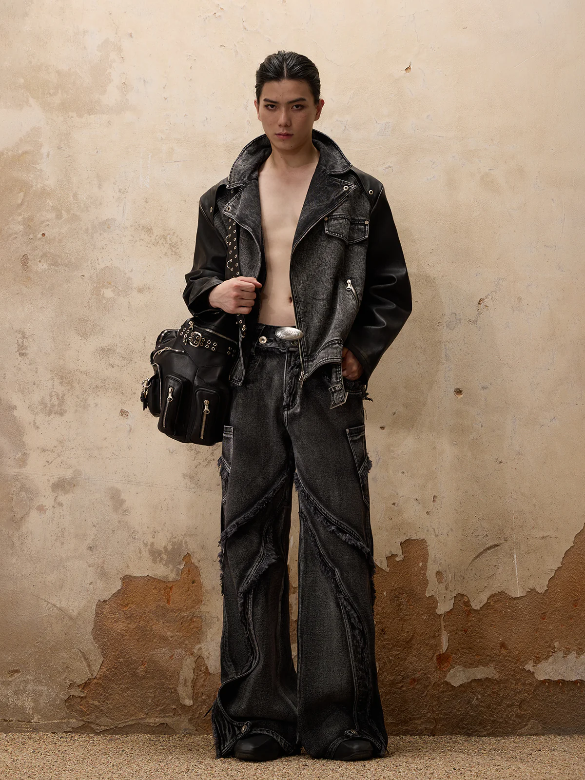 Personsoul Motorcycle Denim Leather Jacket