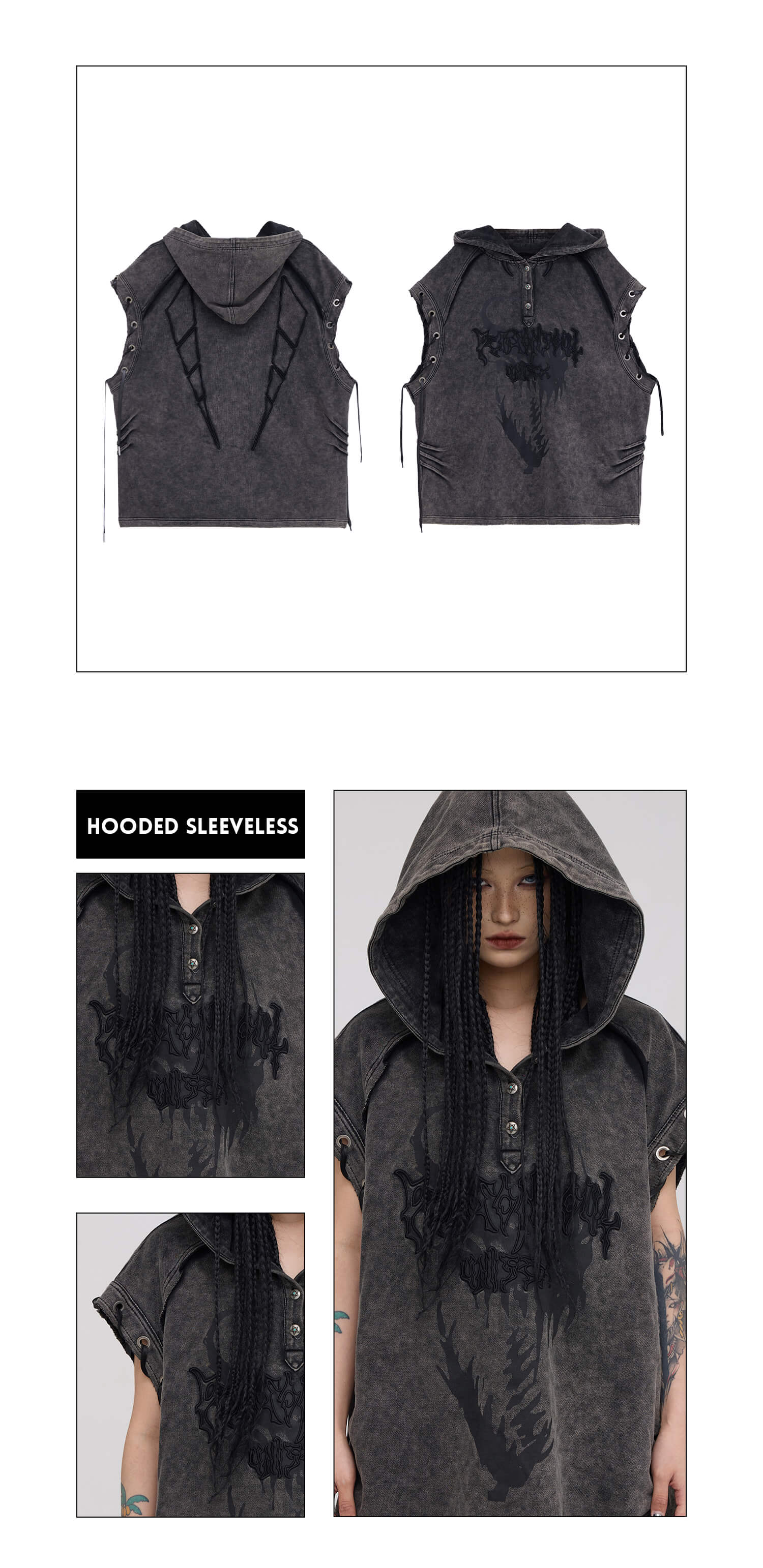 Personsoul Button Collar Hooded Sleeveless Sweatshirt