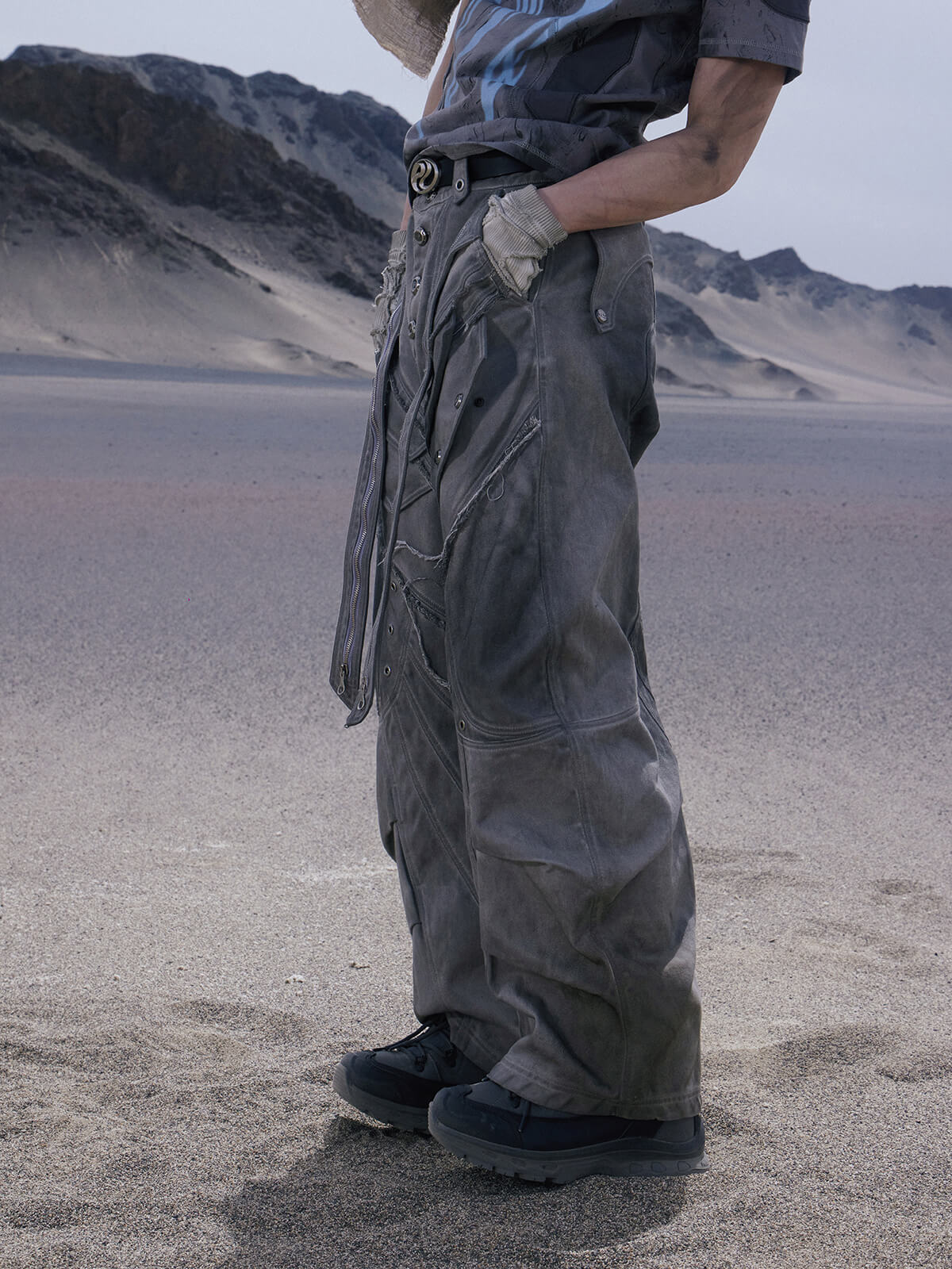 Personsoul Split Deconstructed Gray Cargo Pants