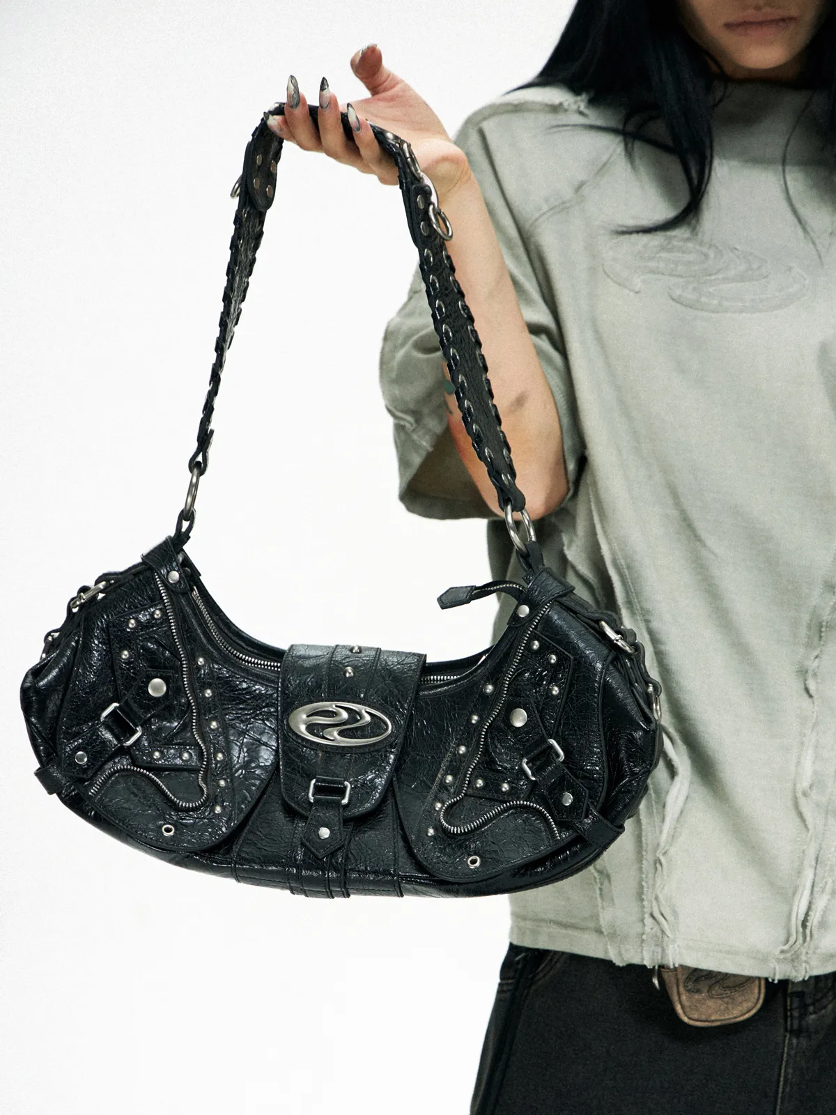 Personsoul Techwear Metal Leather Shoulder Bag