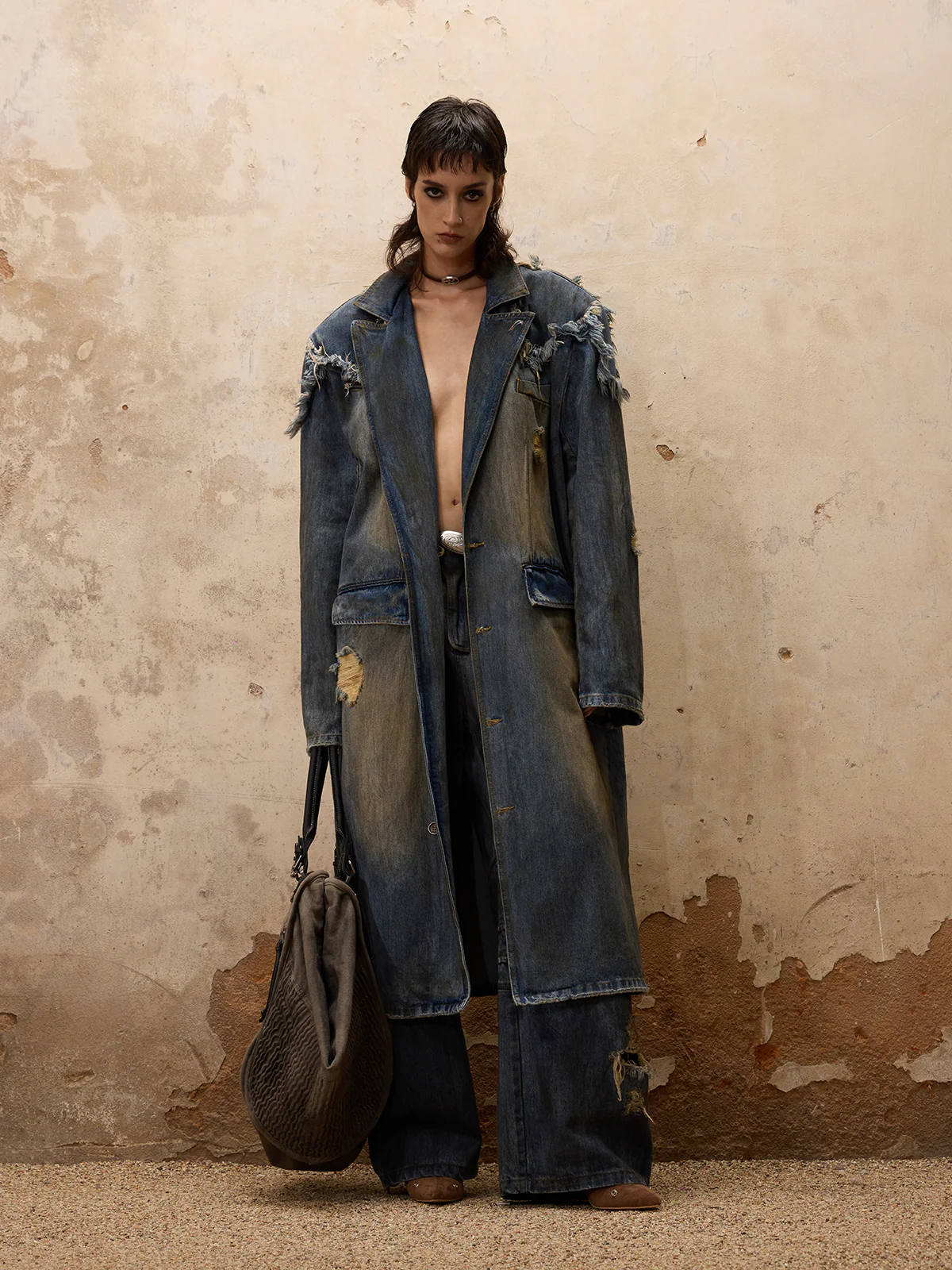 Personsoul Dirty Trench Denim Coat