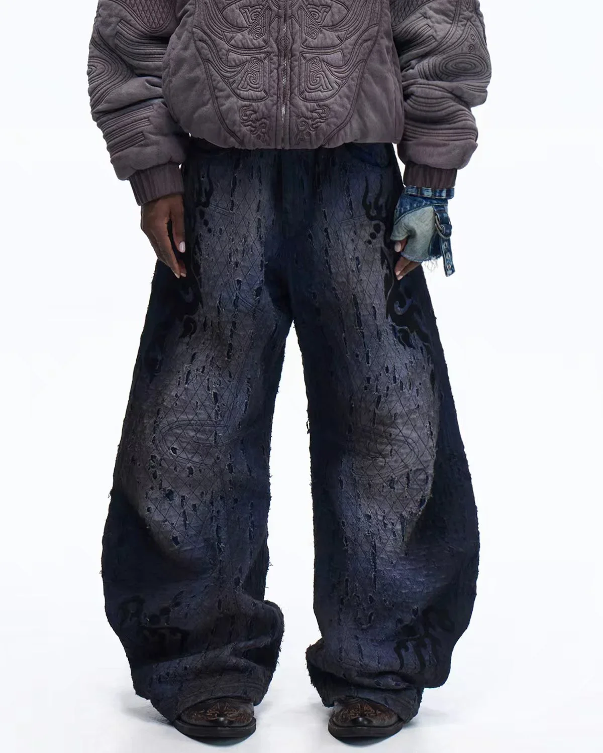 Personsoul Ripped Double-Layer Curved Jeans