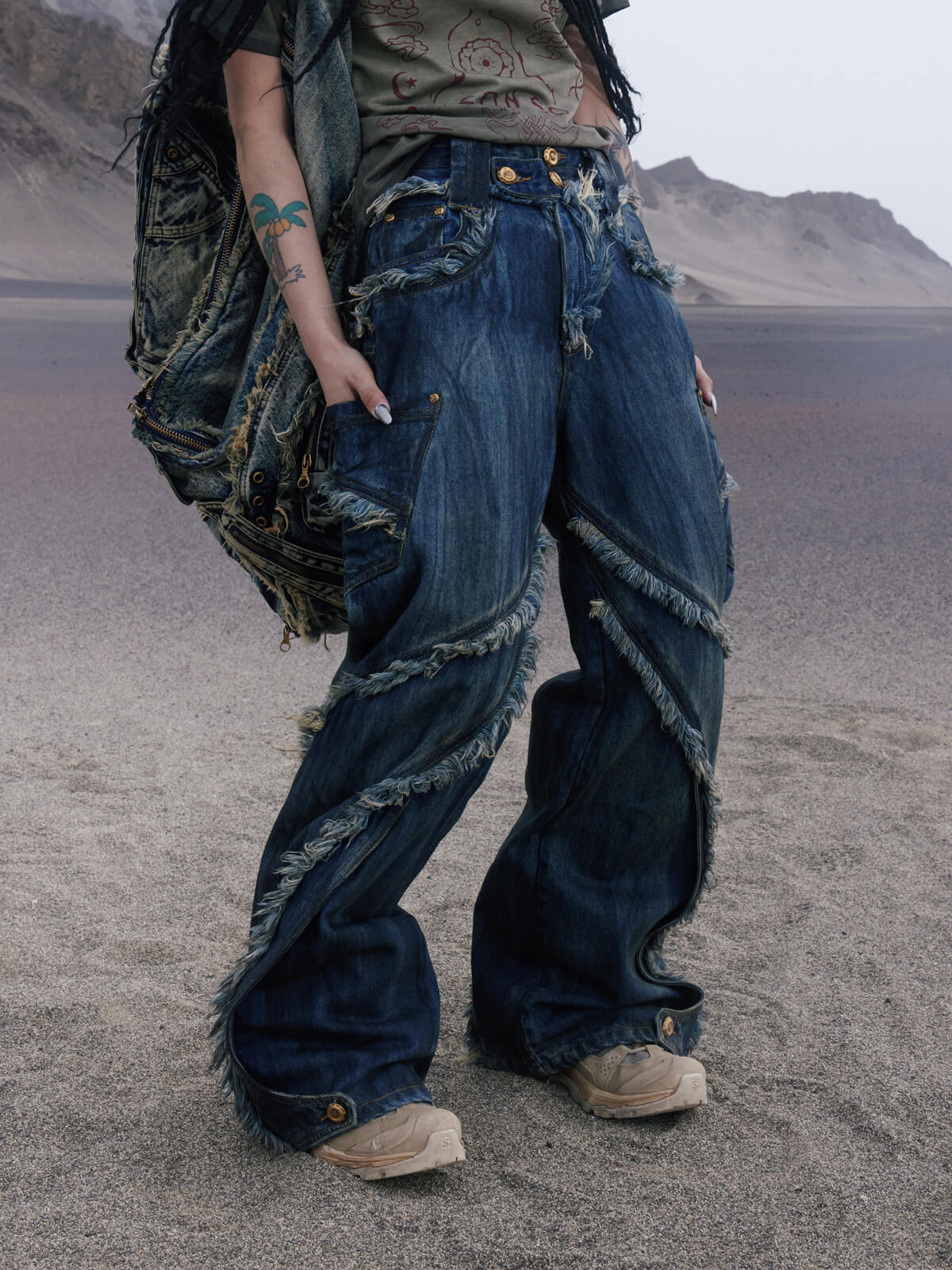 Personsoul Tie-Dye Raw-Edge Baggy Jeans