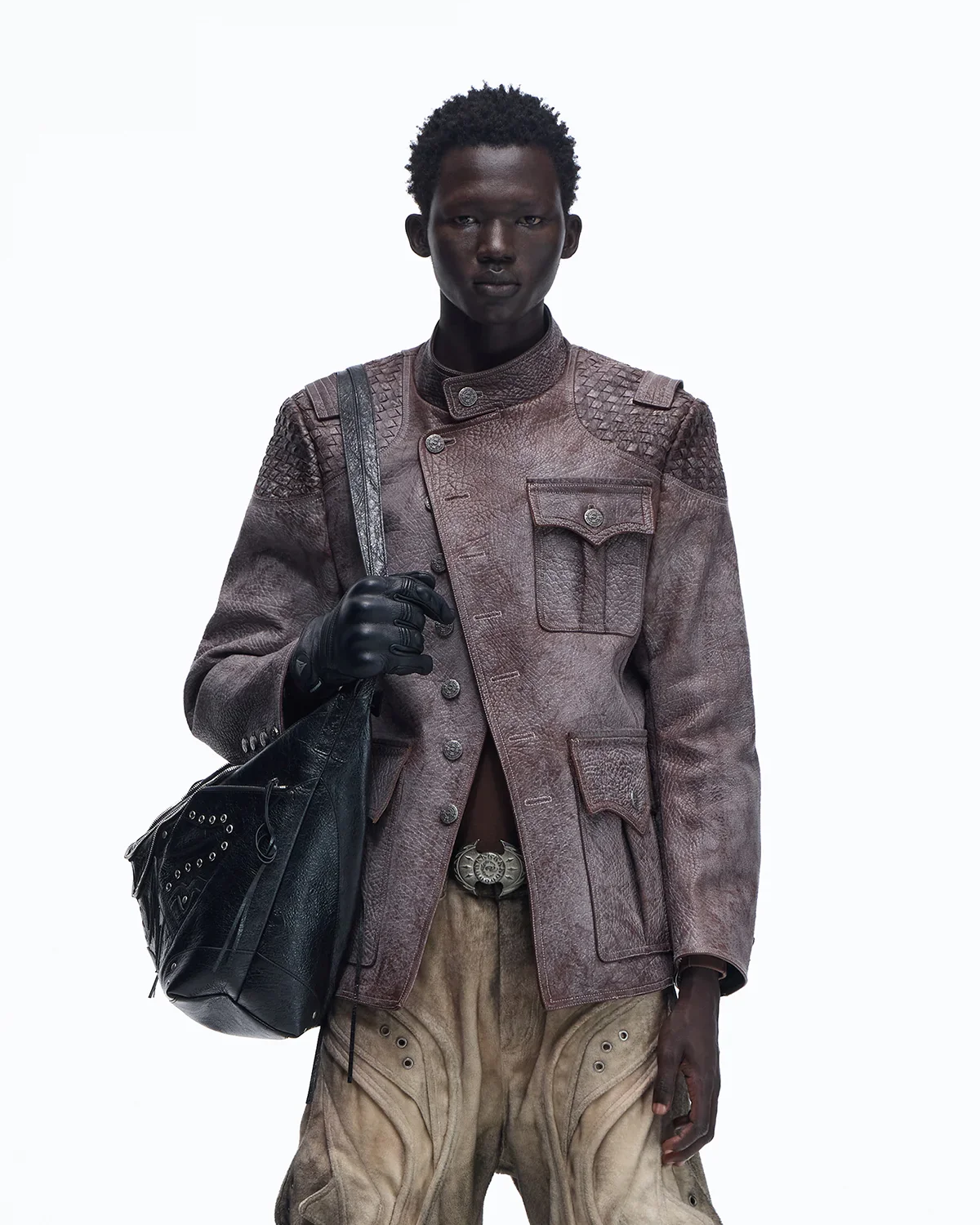 Personsoul Asymmetrical Front Elephant-Embossed Leather Jacket(Limited 100 pieces)