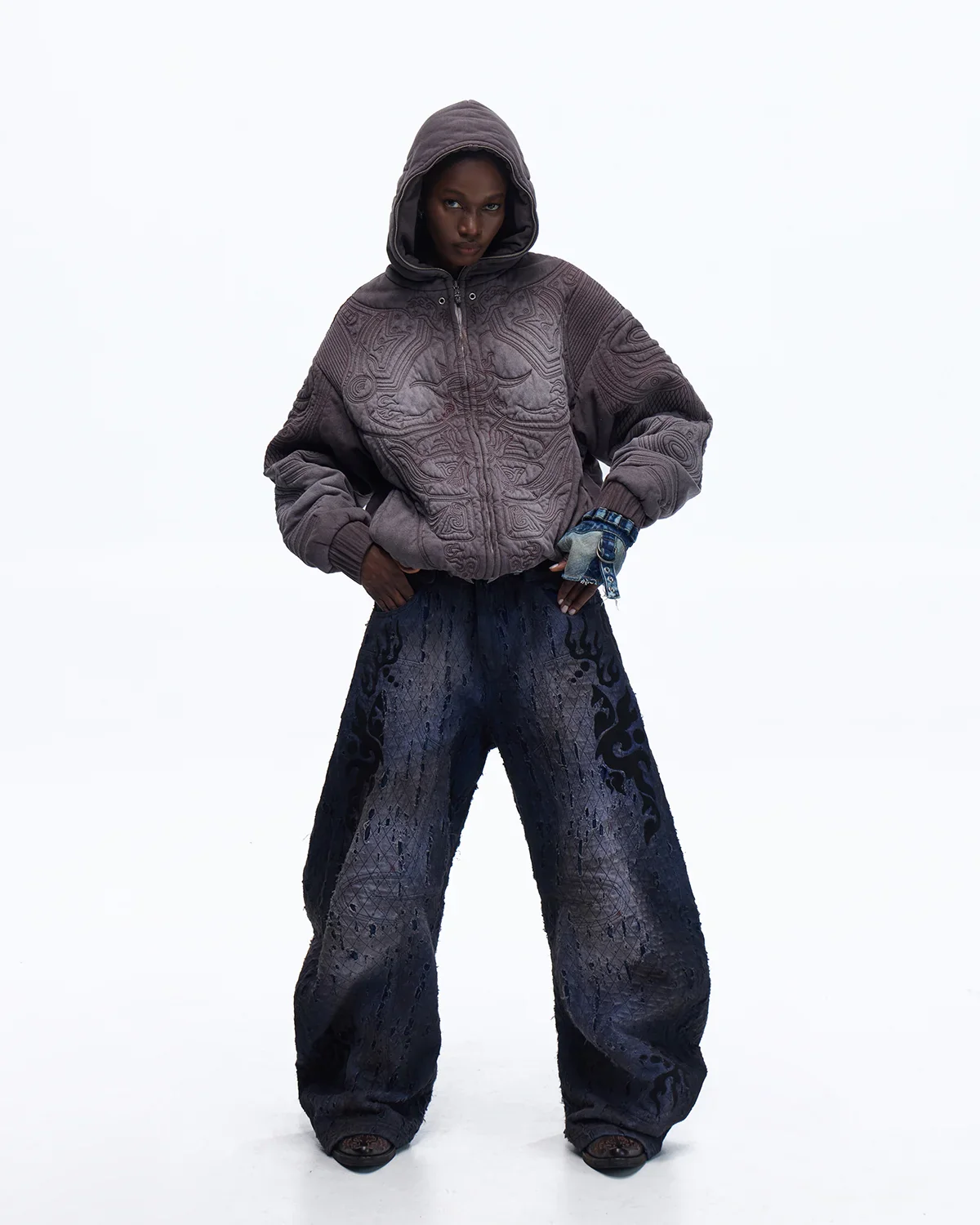 Personsoul Ripped Double-Layer Curved Jeans