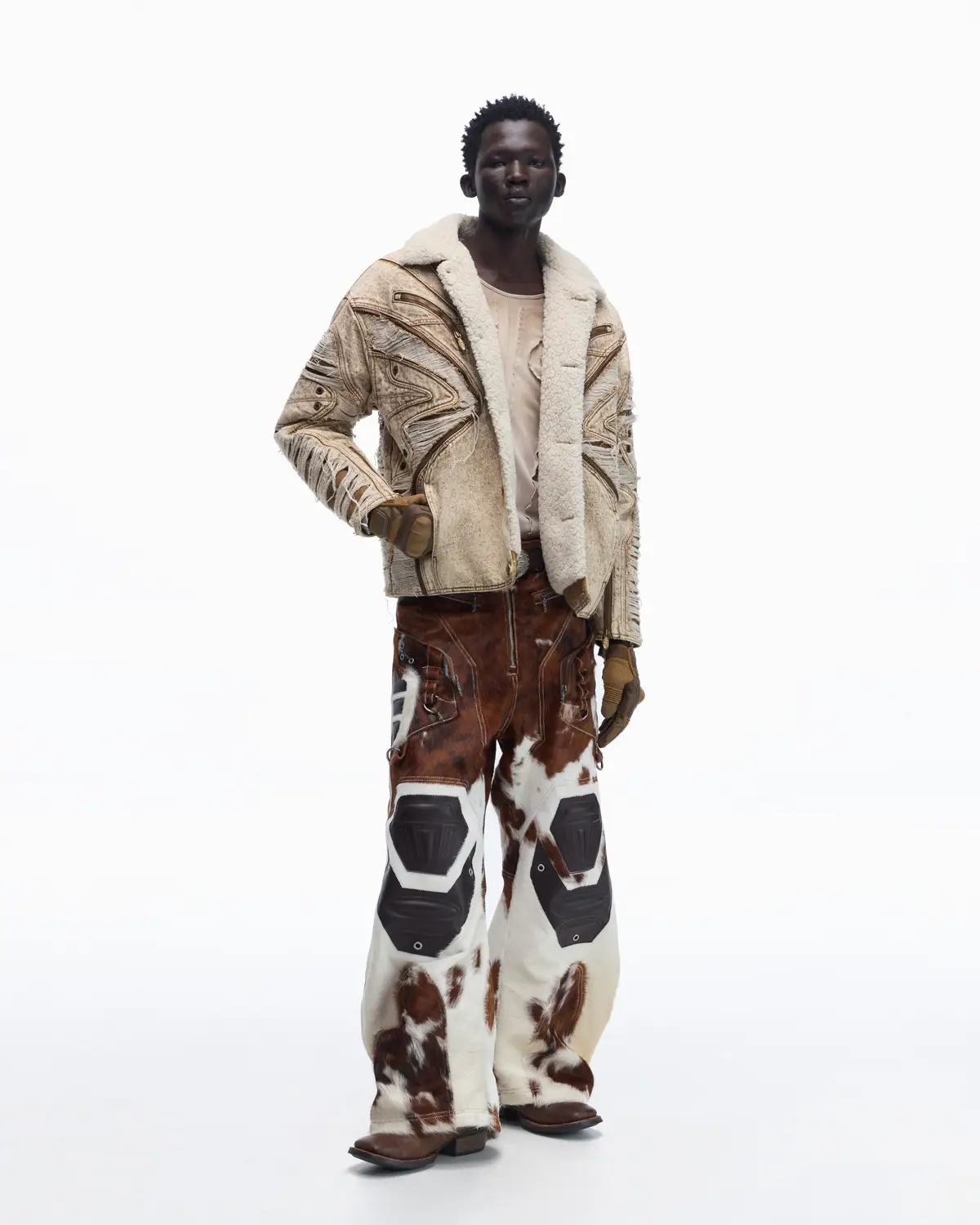 Personsoul Distressed Brown Denim Jacket with Faux-Fur Collar