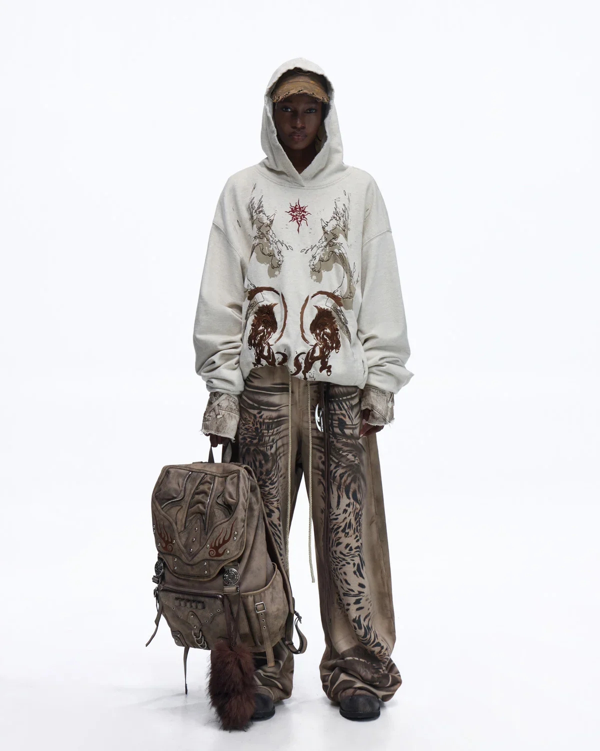 Personsoul Distressed Tiger-Pattern Totem Sweatpants