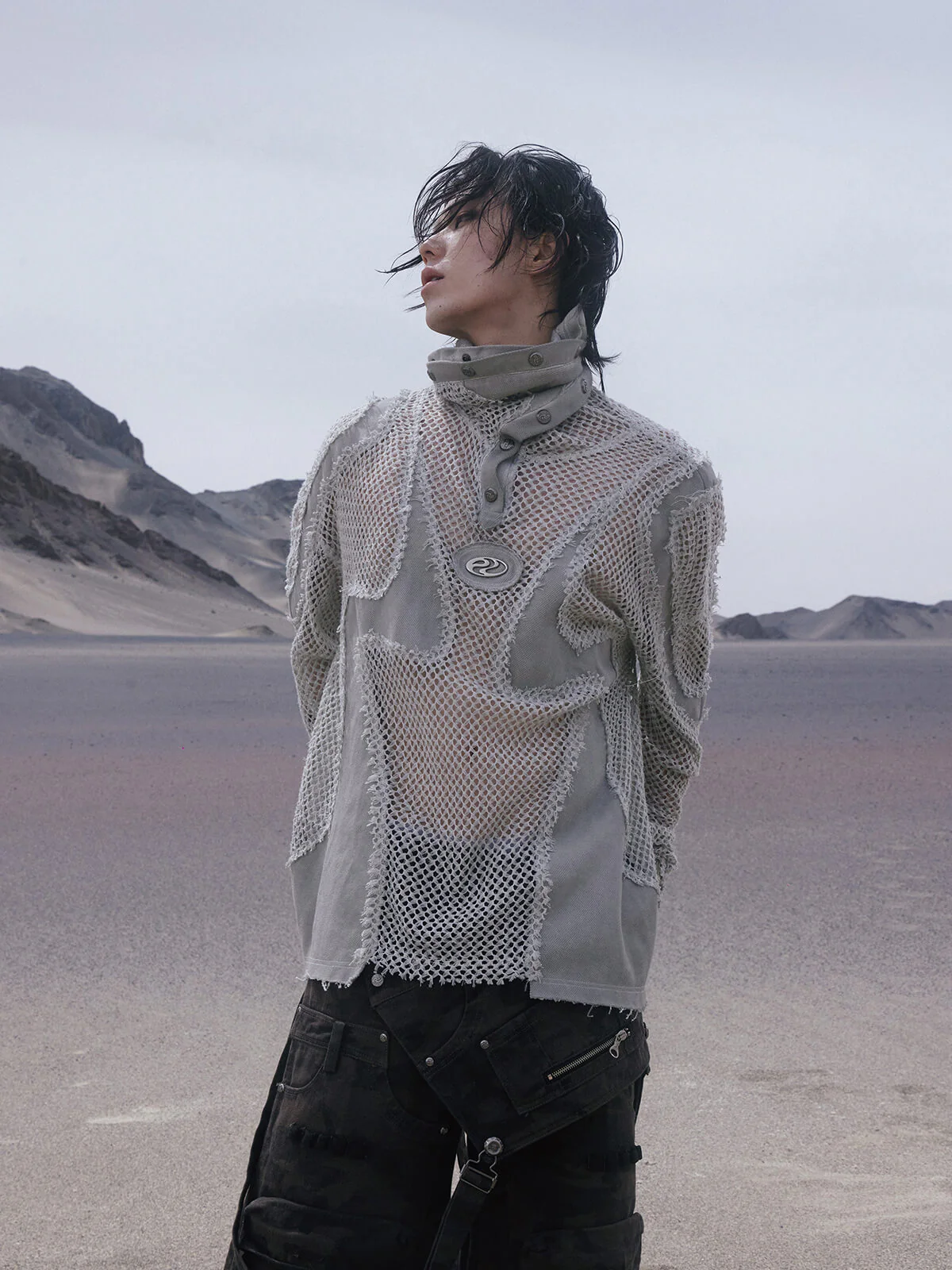 Personsoul Split Mesh Hooded Long Sleeves Top