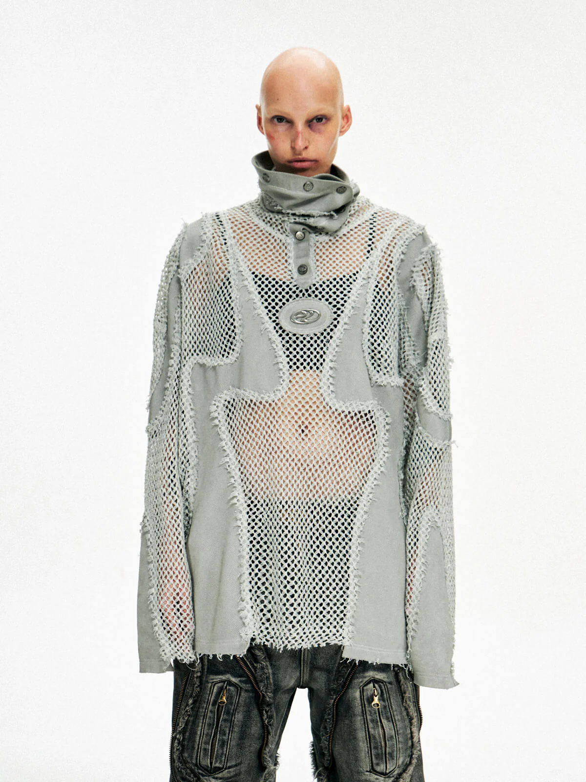 Personsoul Split Mesh Hooded Long Sleeves Top