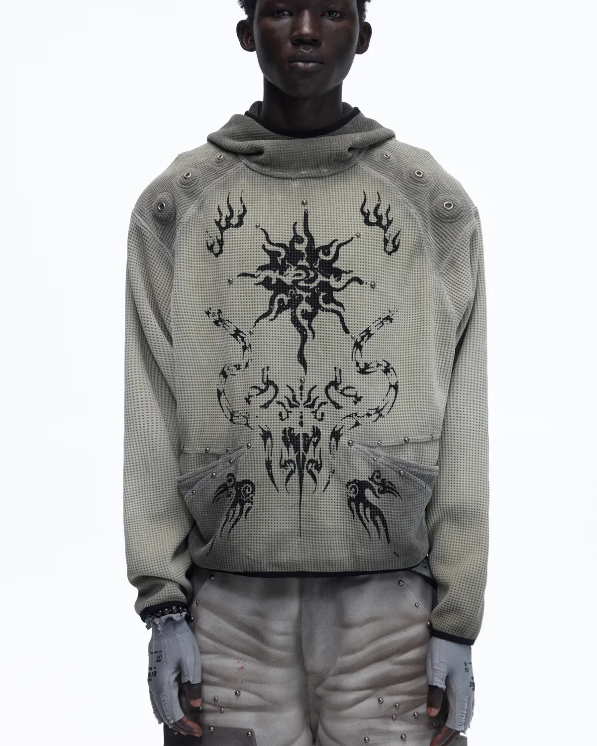 Personsoul Solar Totem Textured Plaid Hooded Sweatshirt