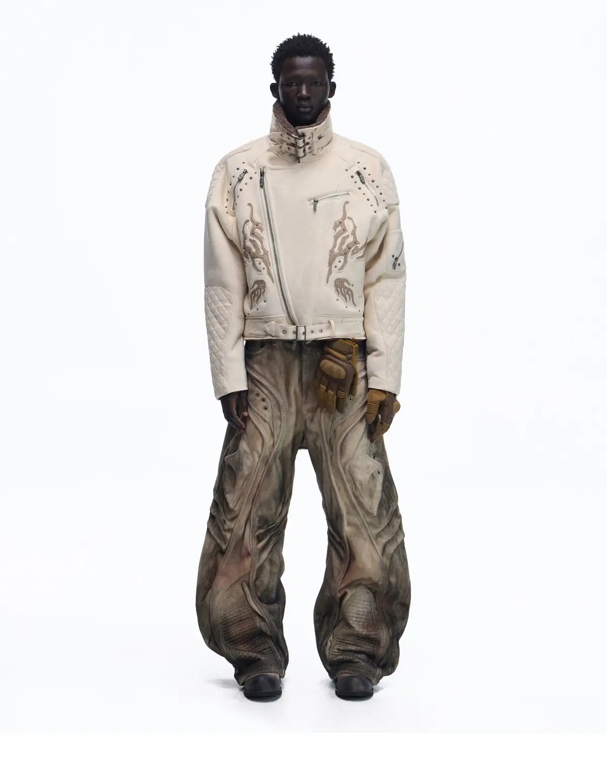 Personsoul Lightning Totem Stand Collar Jacket In White