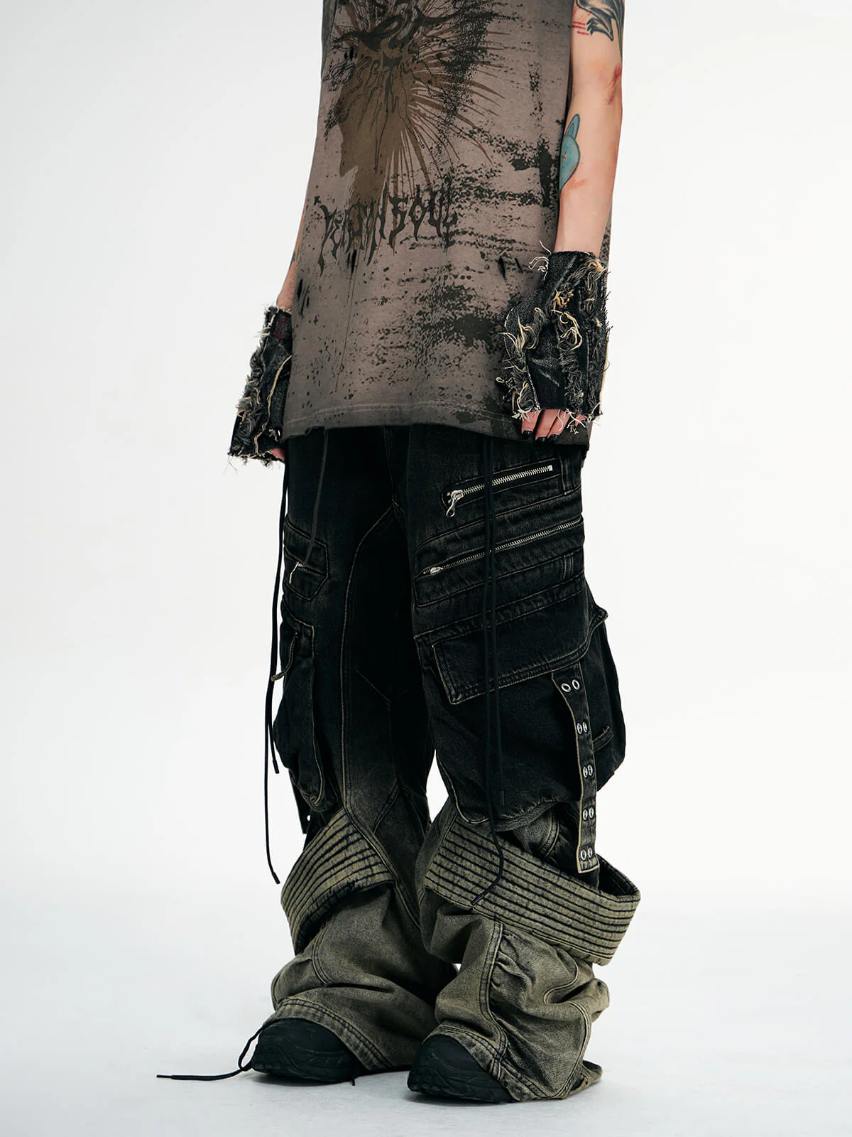 Personsoul Desert Distressed Denim Cargo Pants
