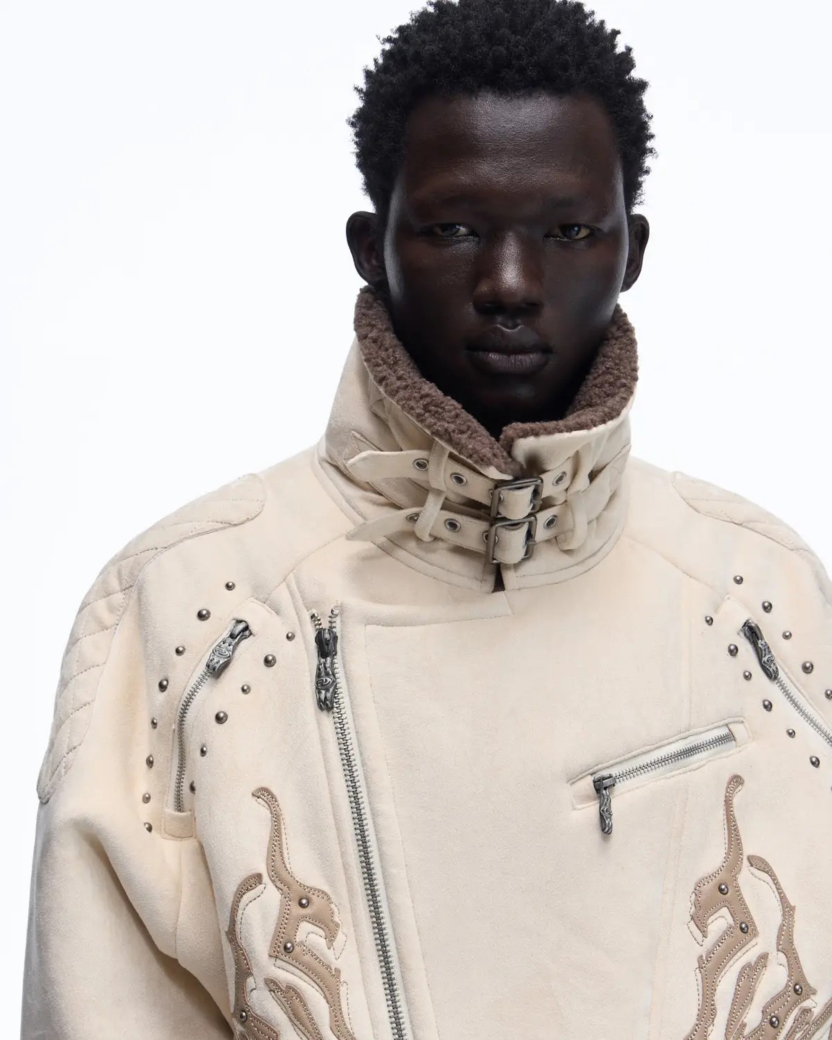 Personsoul Lightning Totem Stand Collar Jacket In White