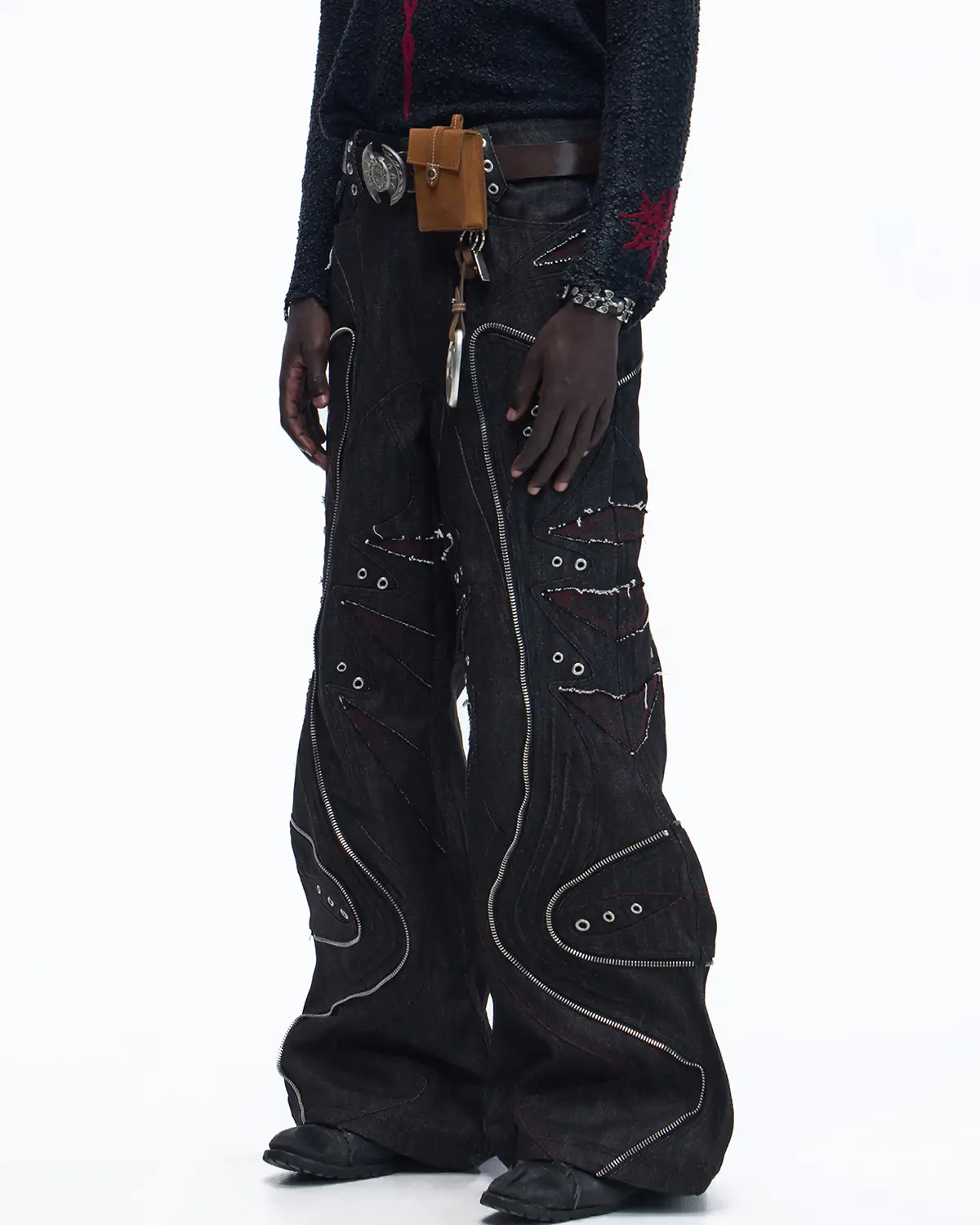 Personsoul Baggy Denim Jeans with Red Contrast Stitch