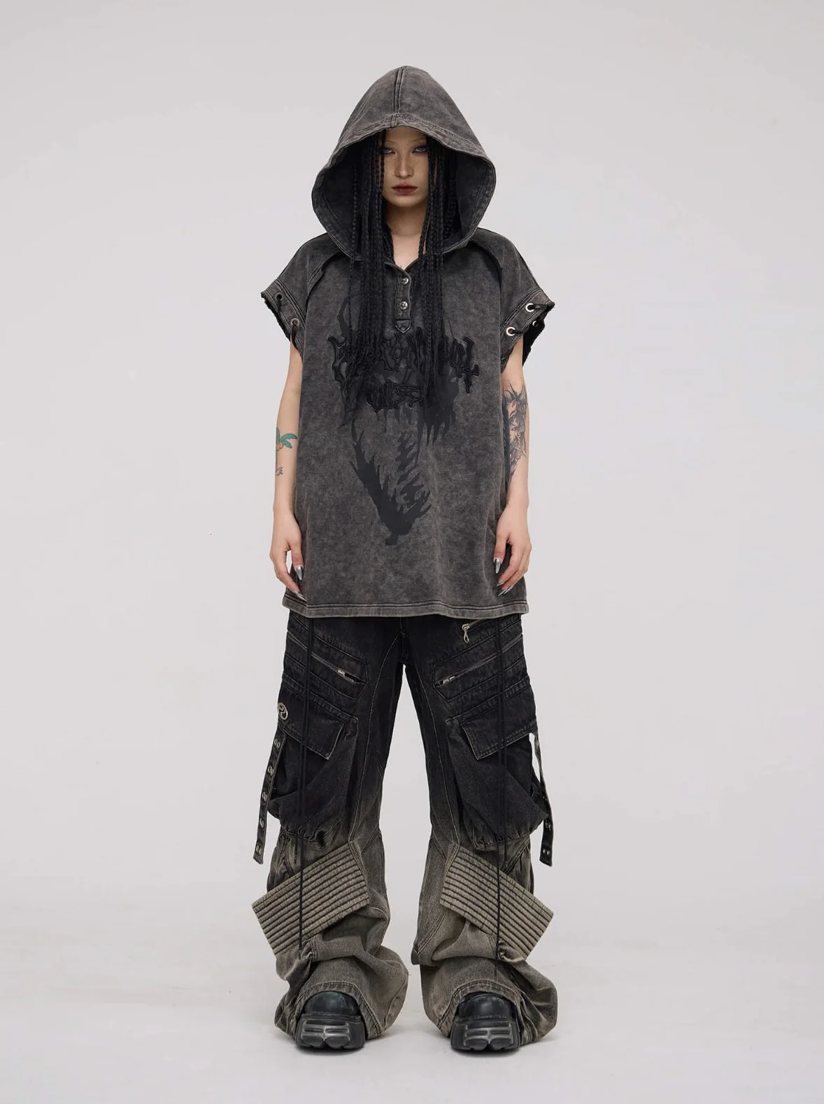 Personsoul Button Collar Hooded Sleeveless Sweatshirt