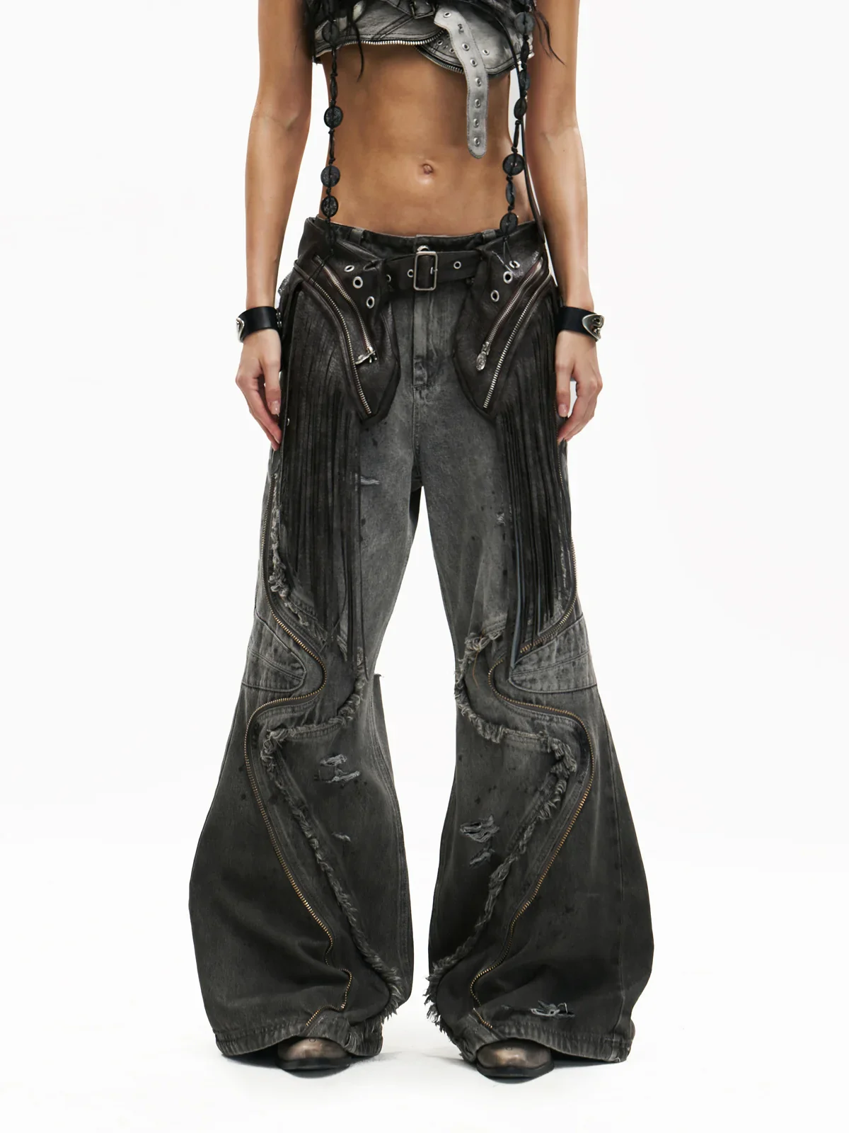 Personsoul Fringed Belt Raw Edge Jeans