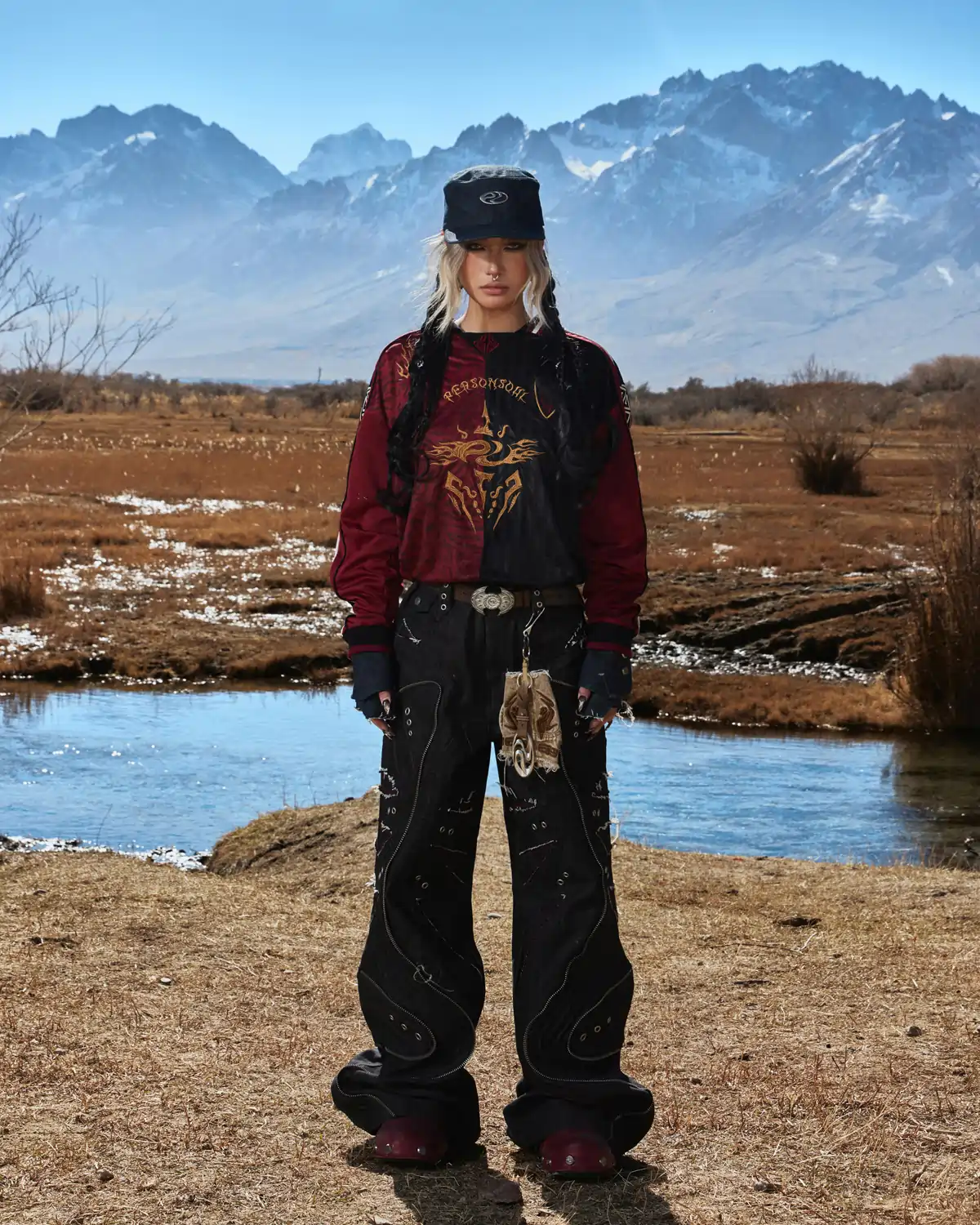 Personsoul Baggy Denim Jeans with Red Contrast Stitch