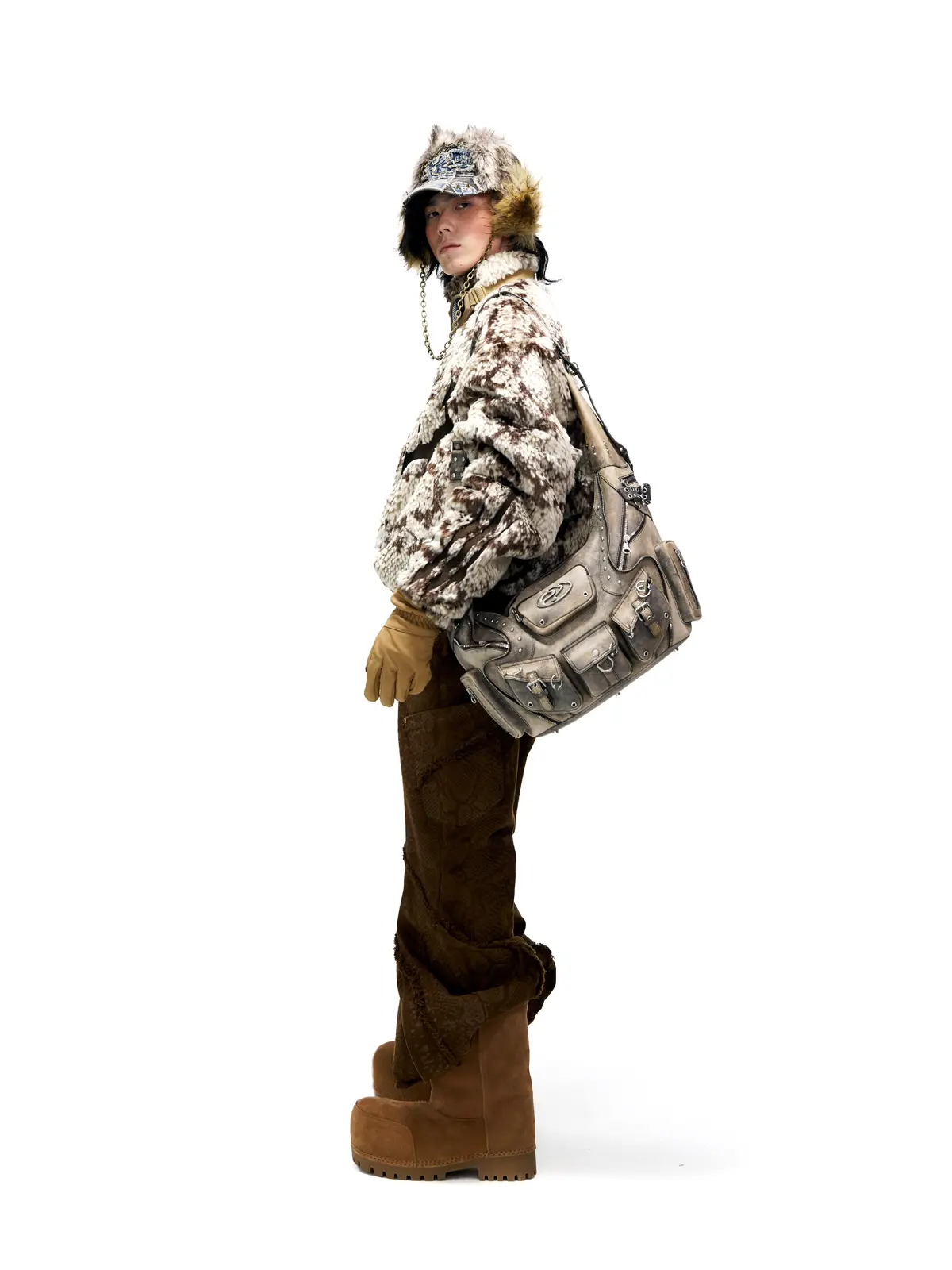 Personsoul Snake Print Faux Fur Jacket