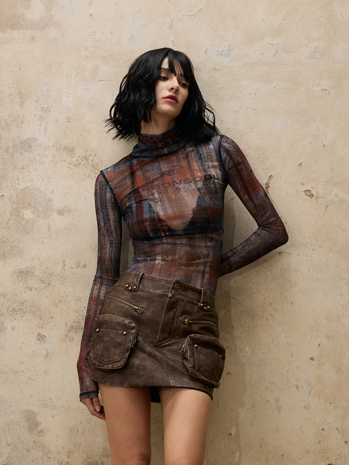 Personsoul Vague Mesh Skin Highneck Top