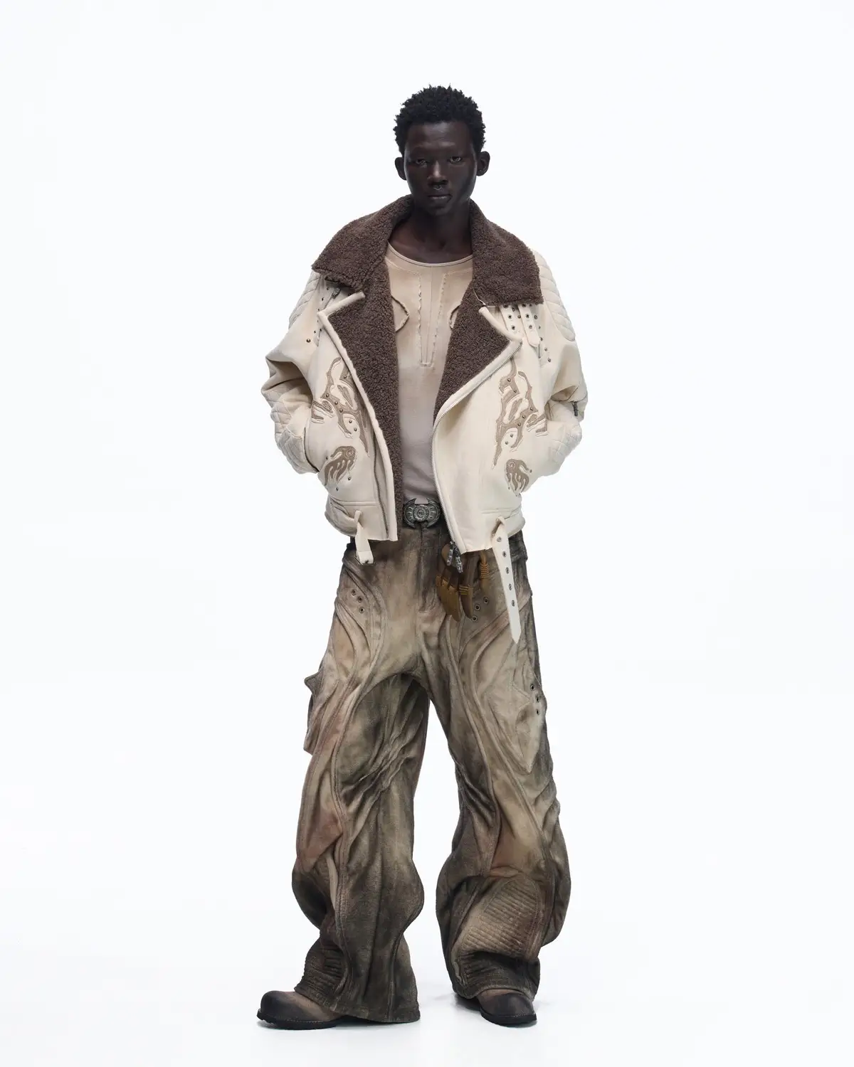 Personsoul Lightning Totem Stand Collar Jacket In White