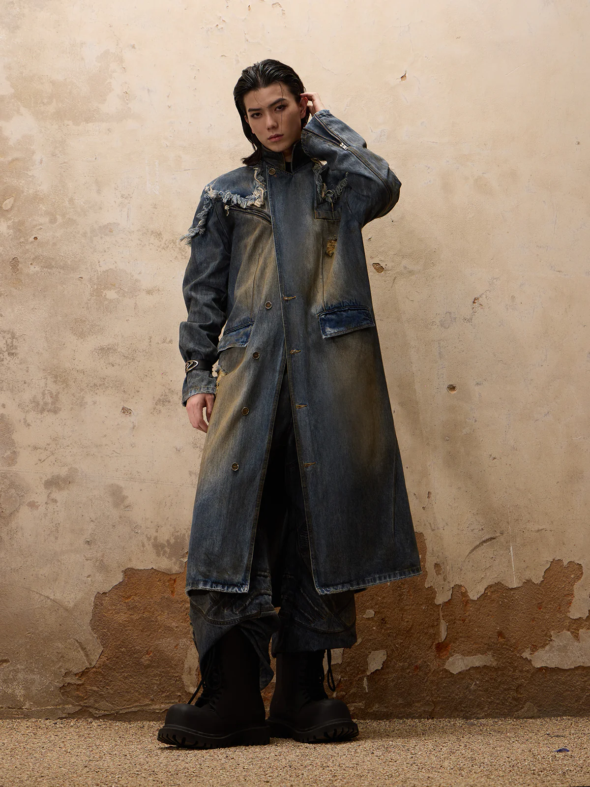 Personsoul Dirty Trench Denim Coat