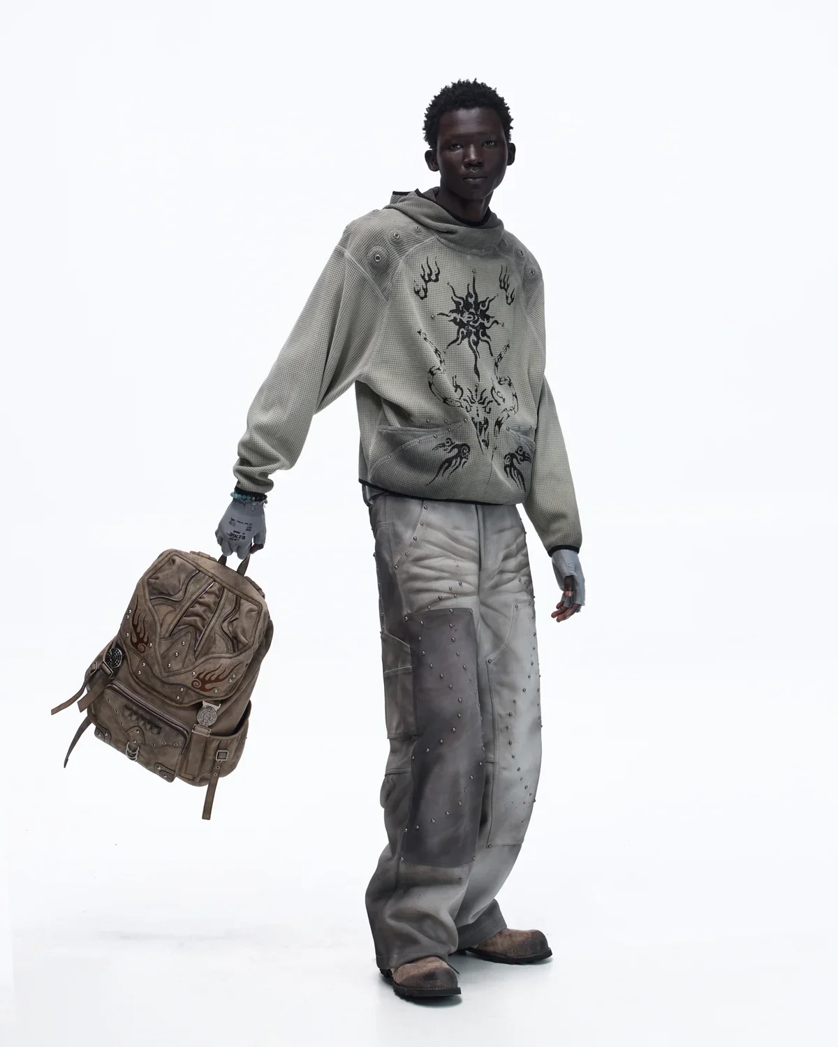 Personsoul Solar Totem Textured Plaid Hooded Sweatshirt