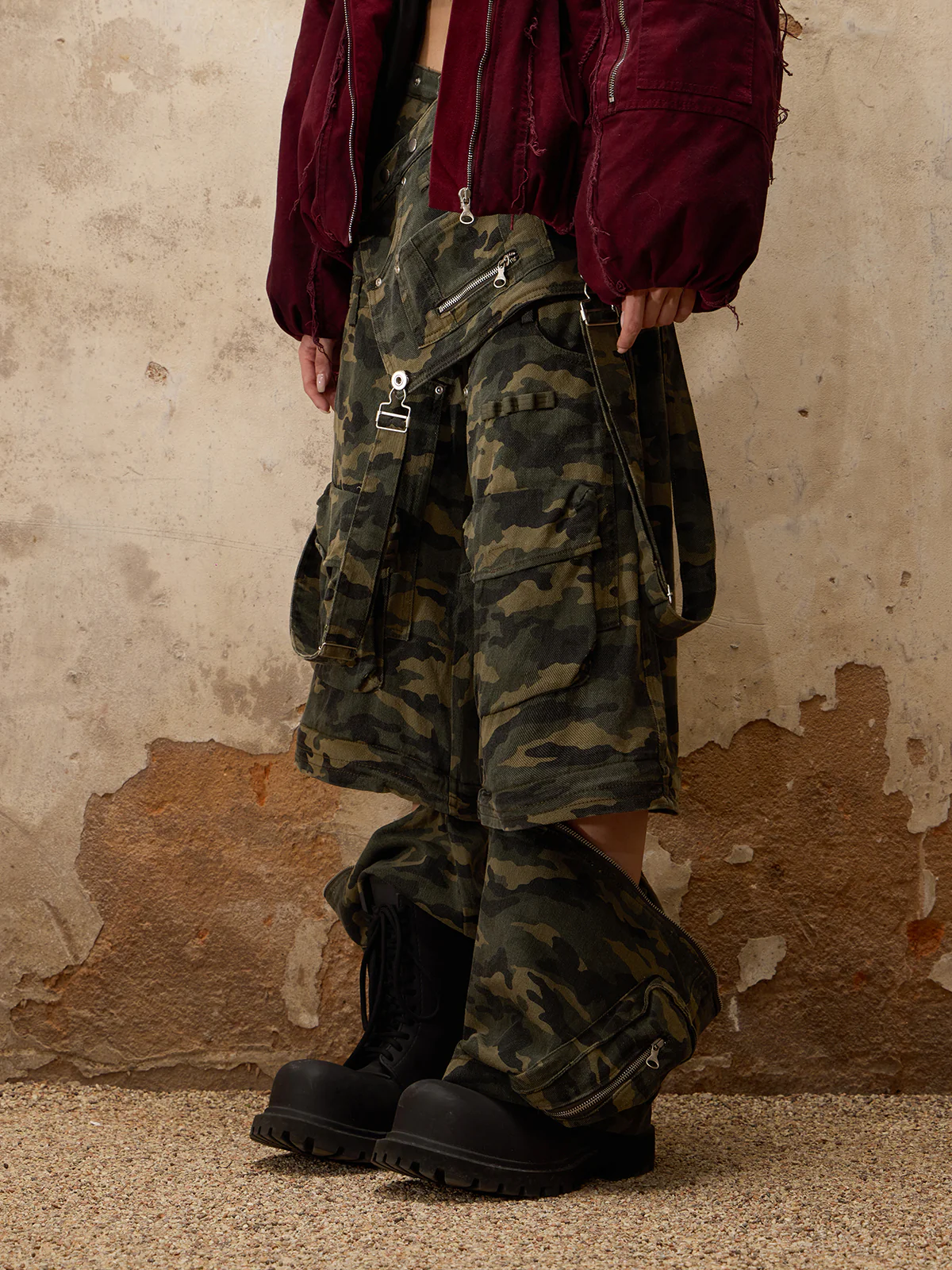 Personsoul Camouflage Overalls with Zip-Off Legs