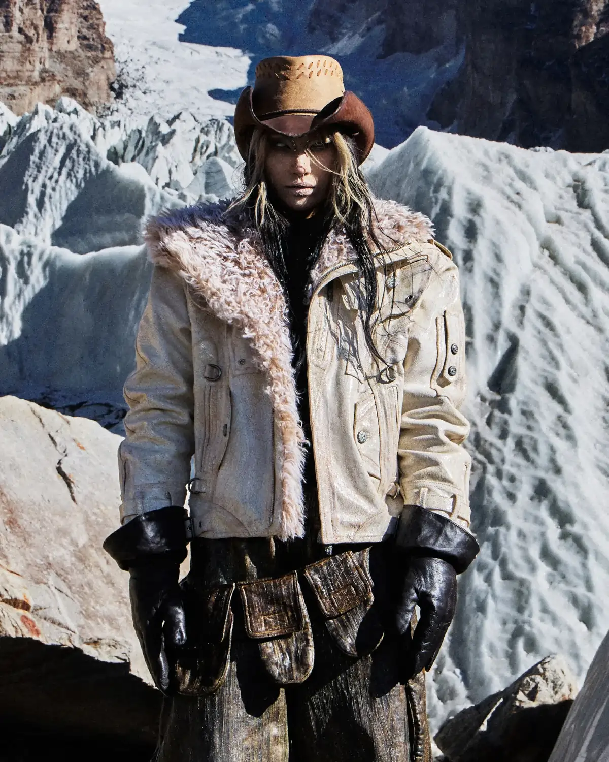 Personsoul Cracked Sheepskin and Mosner Wool Stand Collar Jacket(Limited  100 pieces)