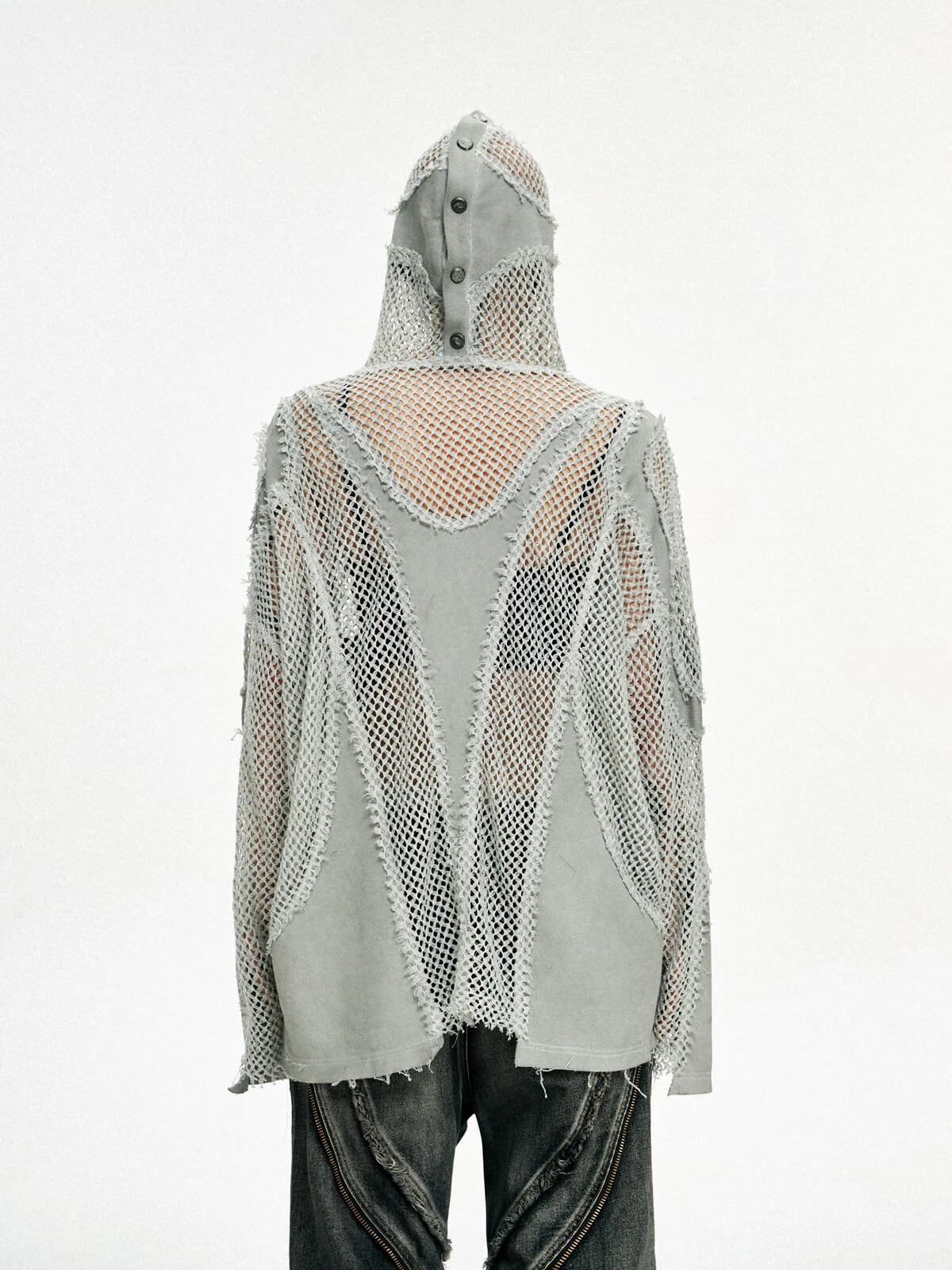 Personsoul Split Mesh Hooded Long Sleeves Top
