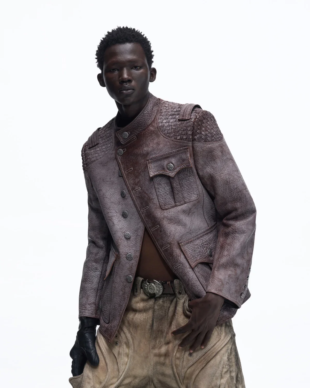 Personsoul Asymmetrical Front Elephant-Embossed Leather Jacket(Limited 100 pieces)