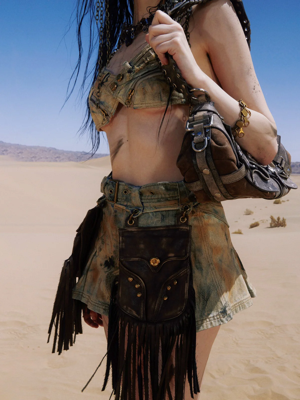 Personsoul Detachable Leather Denim Mini Skirt