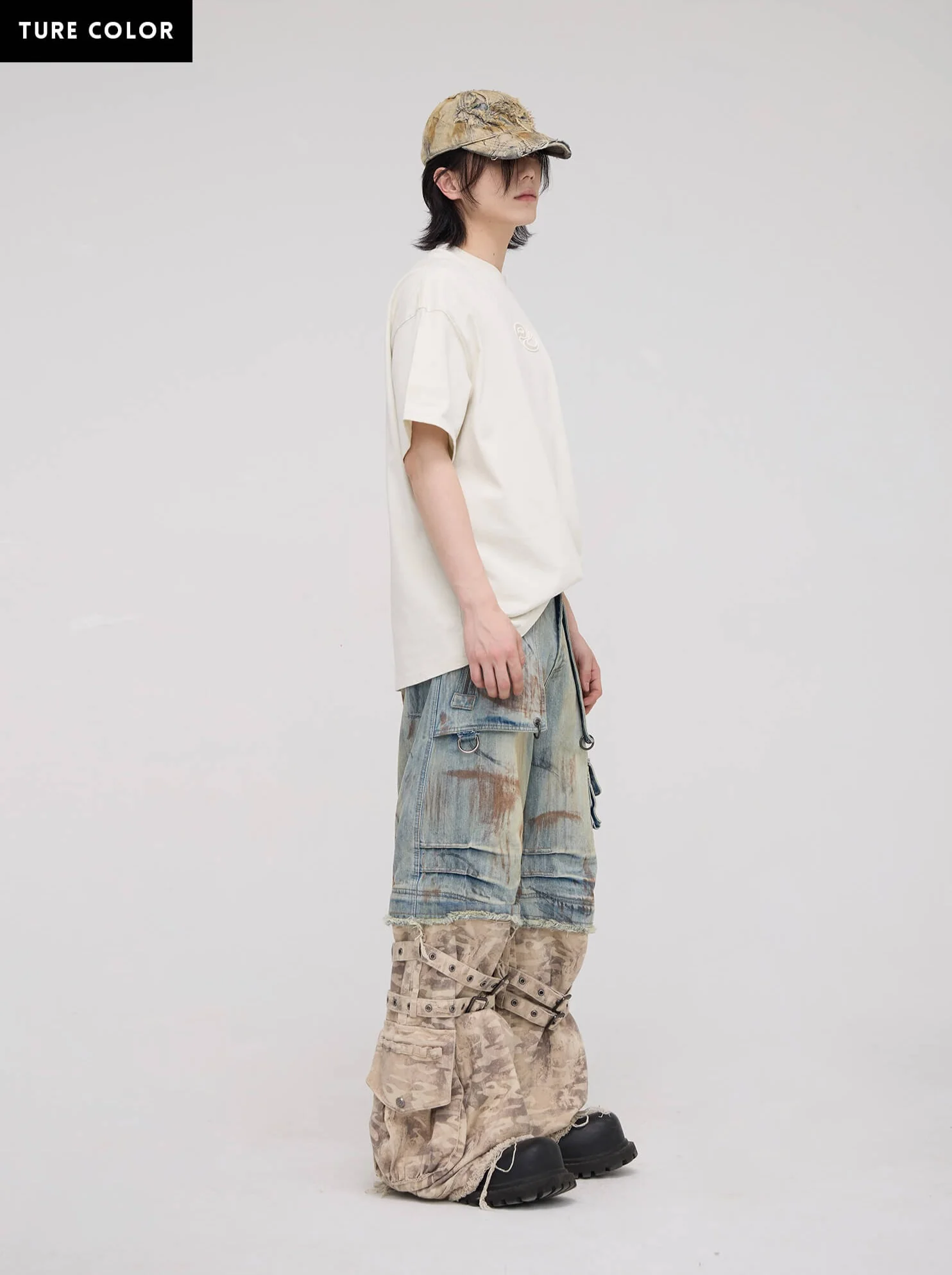 Personsoul Detachable Paneled Camo Baggy Jeans